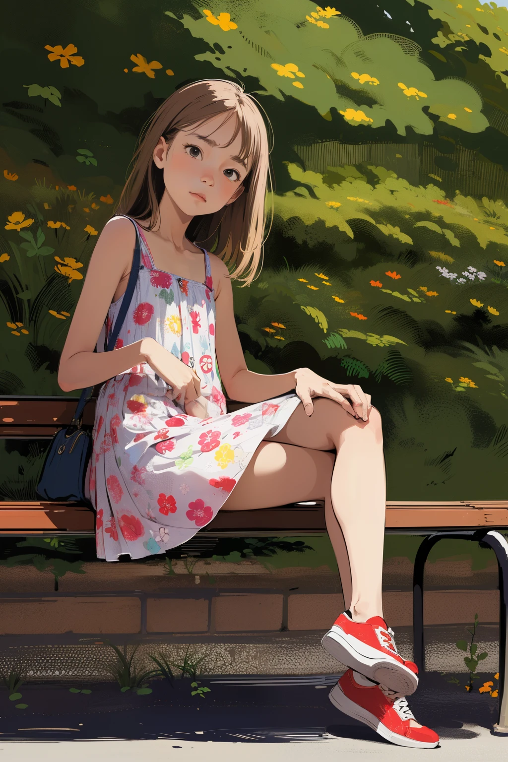 (スーパーフラット, フラットシェーディング, フラットカラー), 傑作, 最高品質, 1人の女の子, 12歳, , 夏 dress, ミニスカート, 赤いスニーカー, ベンチに座っている, 足を組む, ビューアを見る, 恥ずかしい, 夏, 日光, 鮮やかな色彩