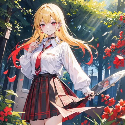 anime girl in a school uniform holding a knife in a garden, yandere, yandere. tall, yandere intricate, cushart krenz key art fem...