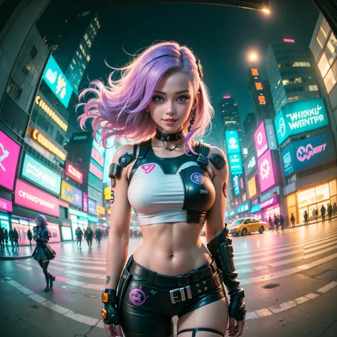 ((cyberpunk girls wearing colorful Harajuku style pop outfit)), ((((fisheye lens)))), cowboy shot, wind, purple hair, ((cyberpun...