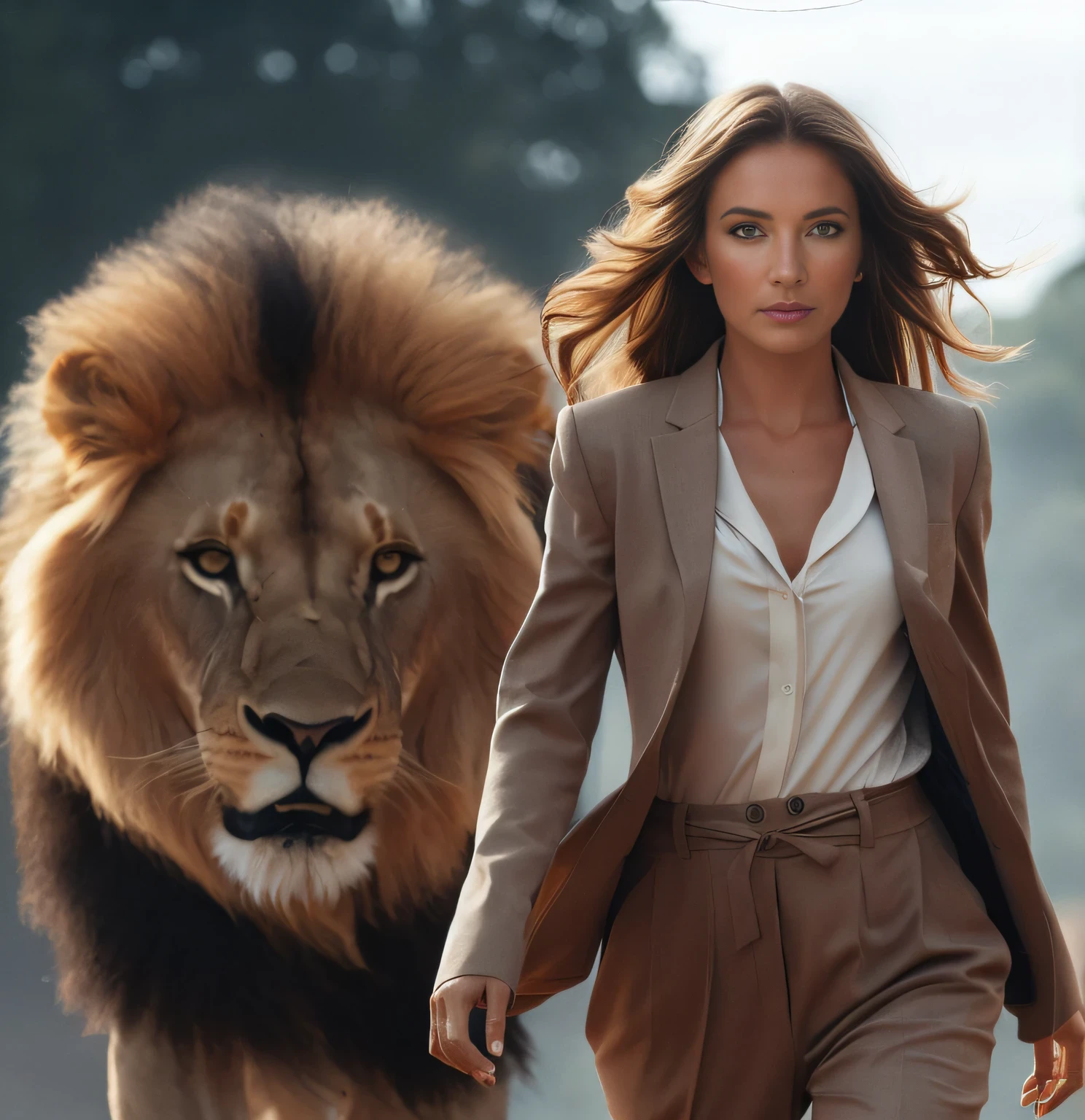 woman walking with a lion in the background, with the mane of a lion, national geographic photoshoot, lioness, realistic art, the man riding is on the lion, strong woman, queen of the jungle, intimidating woman, stunning woman, by Alexander Kucharsky, alina ivanchenko, regal and proud robust woman, lions, aleksandra waliszewska