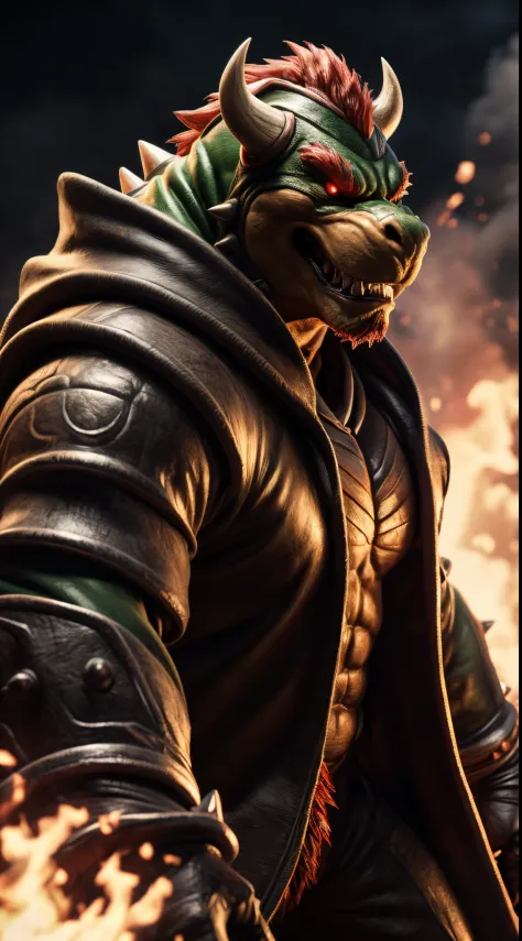 (best quality,4k,8k,highres,masterpiece:1.4),ultra-detailed,(realistic,photorealistic,photo-realistic:1.37),(Orochi Bowser) realistic fire background kof 2002 style glowing red eyes wearing a green hood cape serious expression on his face and a full moon