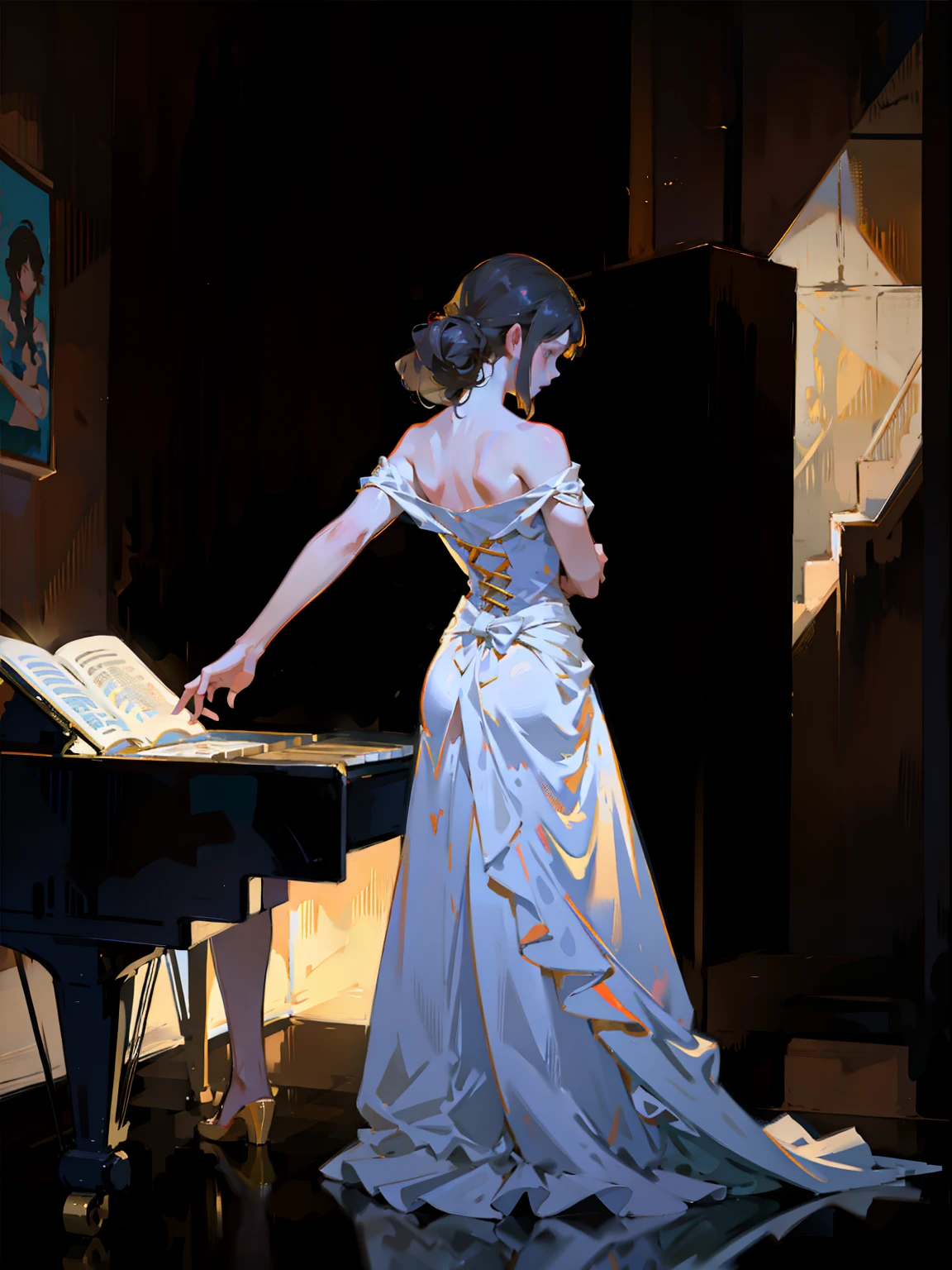 Peinture corps entier debout，(Dessin d&#39;une jeune fille jouant du piano), robes blanches，Mandy Jürgens (Mandy Jurgens) Peintures réalistes créées, pervers, Art figuratif, Représentation détaillée du, De façon réaliste, Une œuvre d&#39;art de, contours, Vu de côté, fond simple