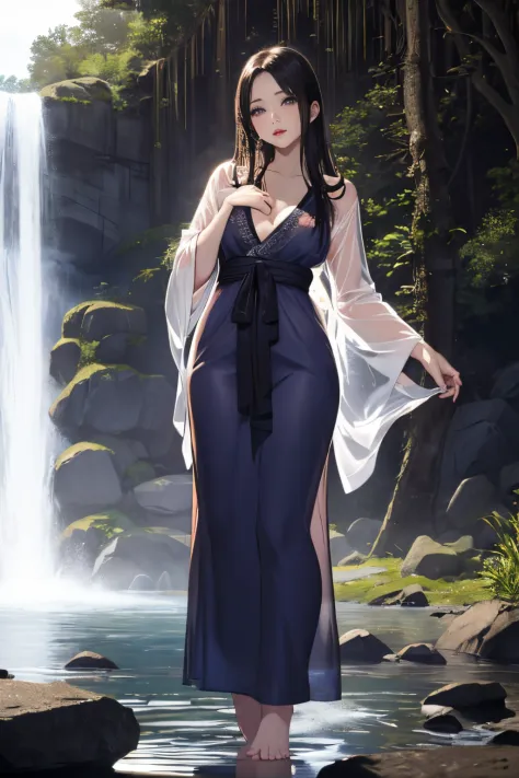 (((Standing in the middle of a waterfall on a moonlit night))),((beautiful woman standing in the middle of the pond:1)),((Beauti...