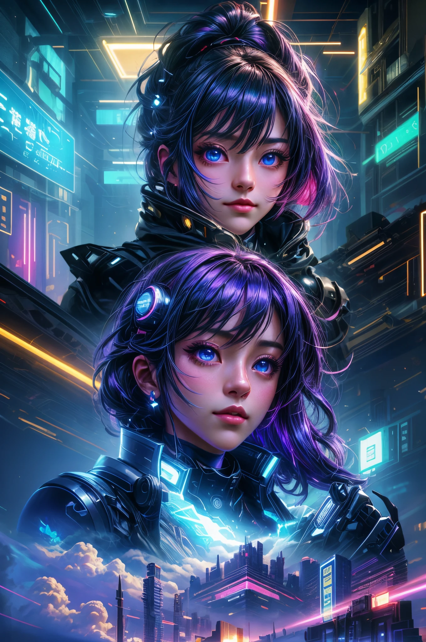 personagem cyberpunk [paisagem urbana nebulosa à distância : menina muito bonita, Cidade:0.33] Mergulhe na imensa corrente de vento, vivendo em nuvens brancas, atrás da nuvem, (contato duplo:1.3), Foto de Brandon Wolfmister, sonho surreal, atmosfera etérea, Dia ensolarado, Dinâmico, usufruto, Dinâmica de alto alcance, contornos，[iluminação global，Cor RGB，Pinturas de cores vivas，Alta nitidez，8K, Cores estilo Ghibli, cubismo, hiper HD, Anatomicamente correto, pele texturizada, Acura, obra-prima, uma alta resolução, Premiado