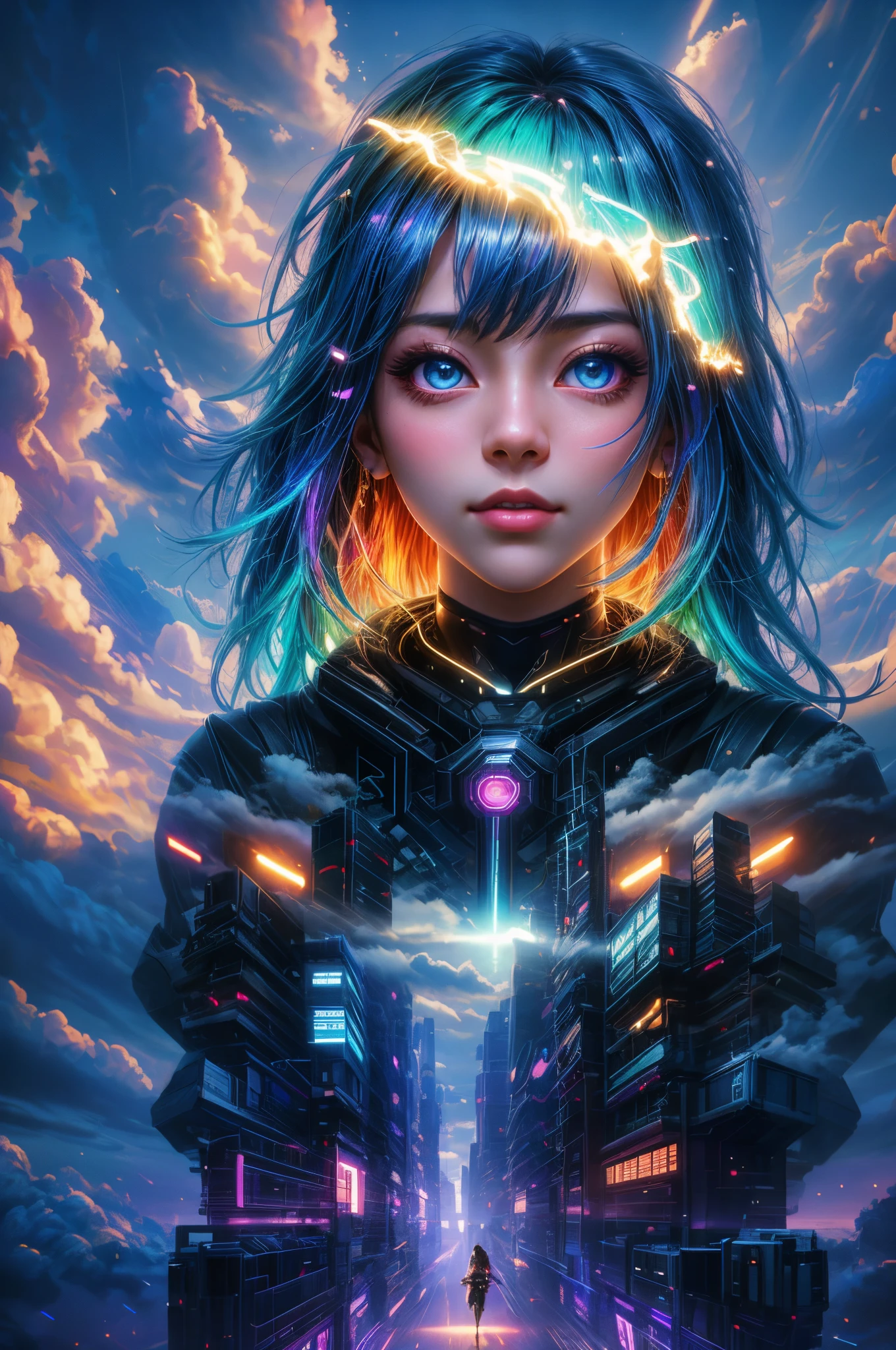 personagem cyber punk [paisagem urbana nebulosa à distância : menina muito bonita, Cidade:0.33] Mergulhe na imensa corrente de vento, vivendo em nuvens brancas, atrás da nuvem, (contato duplo:1.3), Foto de Brandon Wolfermüster, sonho surreal, atmosfera etérea, dia ensolarado, Dinâmico, usufruto, Dinâmica de alto alcance, contornos，iluminação global，Cor RGB，Pinturas em cores brilhantes，Alta nitidez，8K, Cores tipo Ghibli, cubismo, Ultra HD, Anatomicamente correto, pele texturizada, preciso, obra de arte, alta resolução, premiado