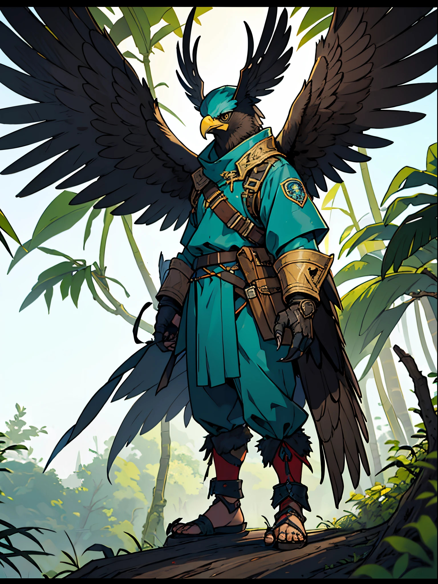 foreground(An anthropomorphic eagle，Dressed in the gear of an ancient Assassin，Hands are wings，Feet are claws)，Background with（dense jungle）