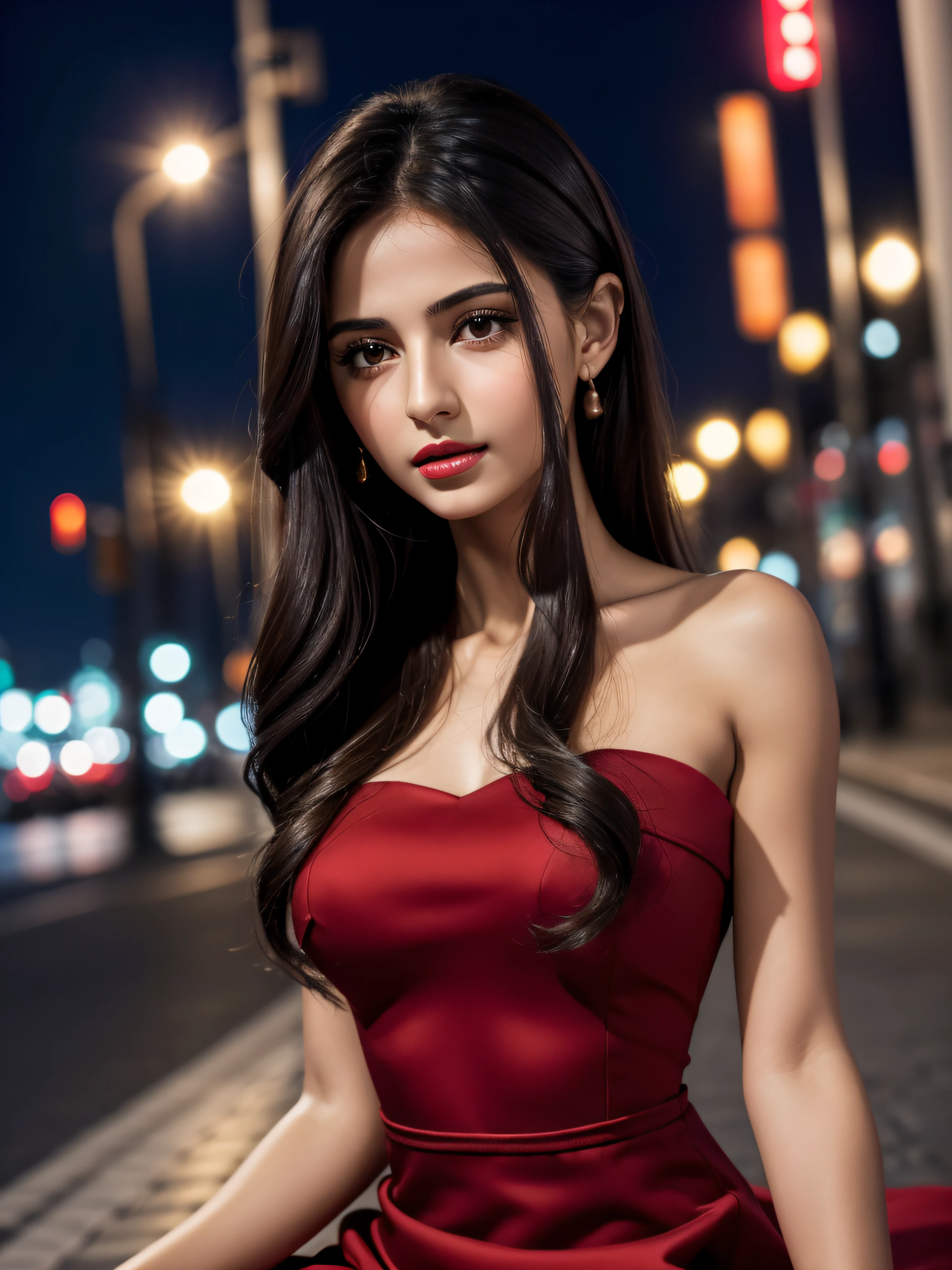 (Masterpiece), (Realistic), (best quality), (8K), ultra-detailed, UHD, young beautiful white arab woman, red lips, little delicate nose, petite, (small arched eyebrows), round face shape, most beauty young woman, extremely beautiful, very cute, dark brown eyes, black hair, 165 tall, wearing a beautiful strapless red dress, (kneel),(destroyed city), vulnerable and serious expression