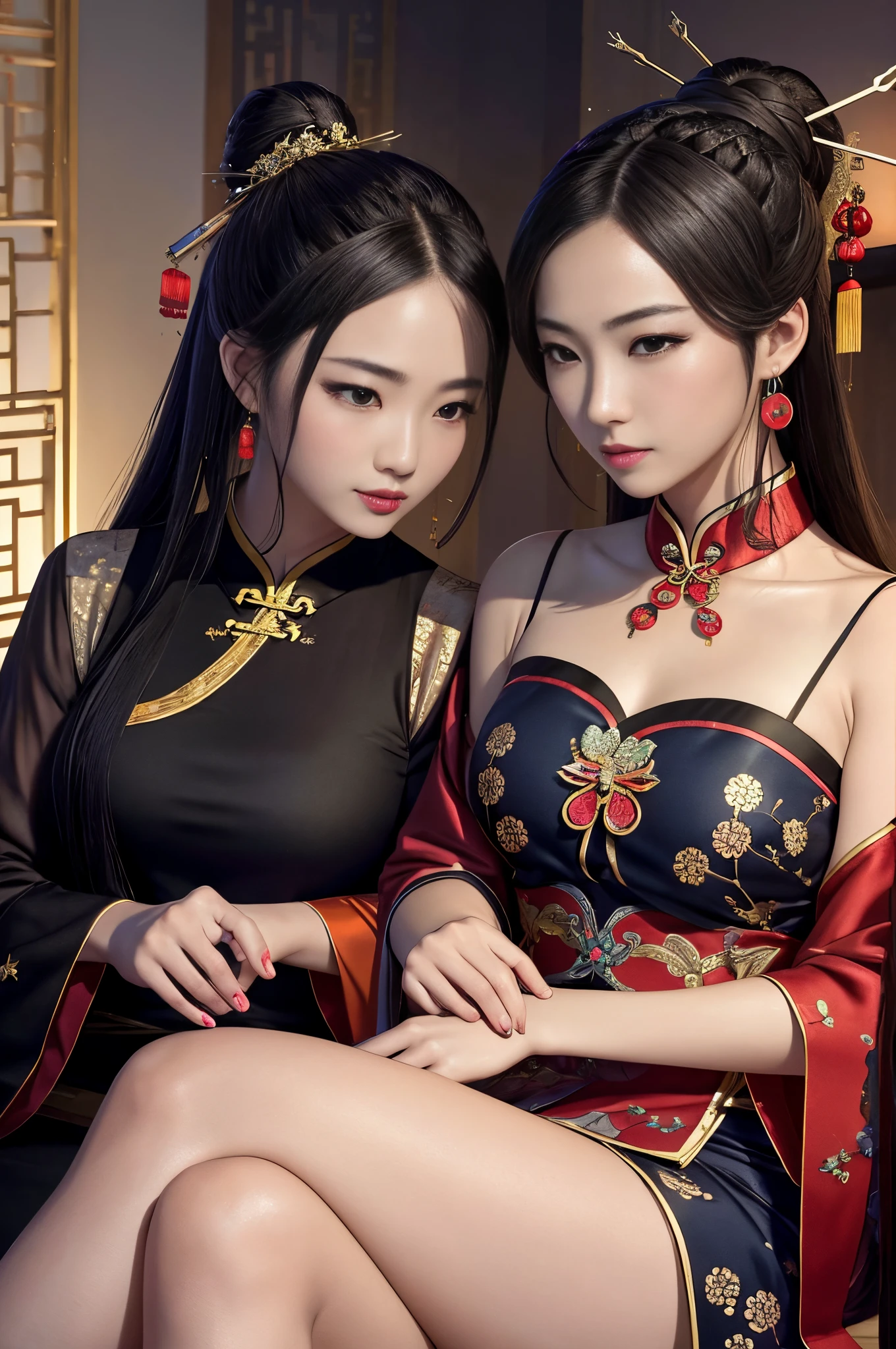 high-level image quality、closeup portrait:1.4,detailed faces,Like a shot with an SLR、Sensual body,thighs、slit、Painting a work of art depicting two women in a tanslucent traditional cheongsam sitting together,duo,((sisterhood)),front view,rendering by octane, hdr,leering:1.3,topknots,hairbuns,Chinese hair ornament:1.4,Chinese hairpins:1.4,Chinese hairsticks:1.4,Fireflies, night, starry sky, jewelry,light particles, (fantasy: 1.2), stars, fantasy,