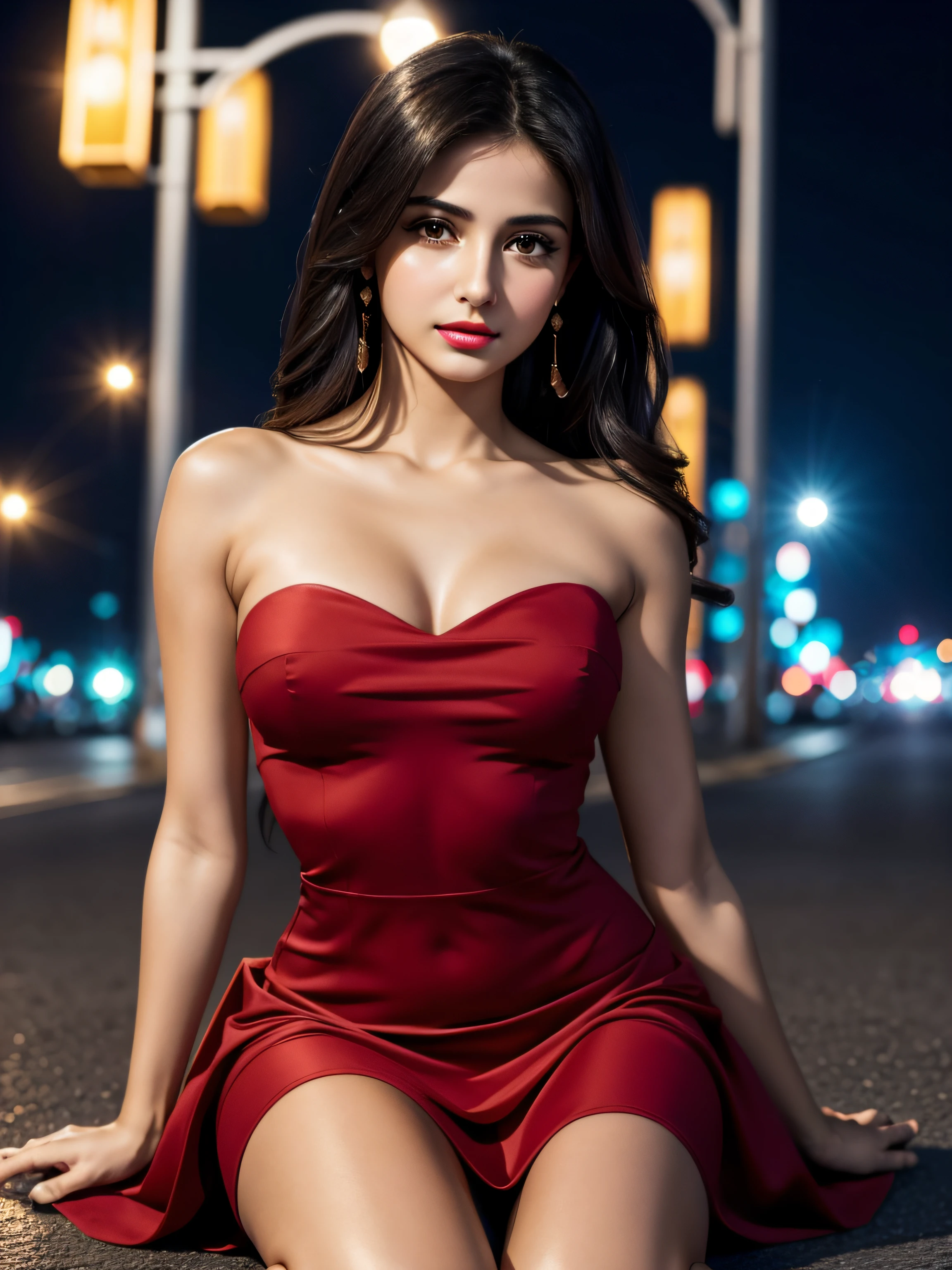 (Masterpiece), (Realistic), (best quality), (8K), ultra-detailed, UHD, young beautiful white arab woman, red lips, little delicate nose, petite, (small arched eyebrows), round face shape, most beauty young woman, extremely beautiful, very cute, dark brown eyes, black hair, 165 tall, wearing a beautiful strapless red dress, (kneel),(destroyed city), vulnerable and serious expression