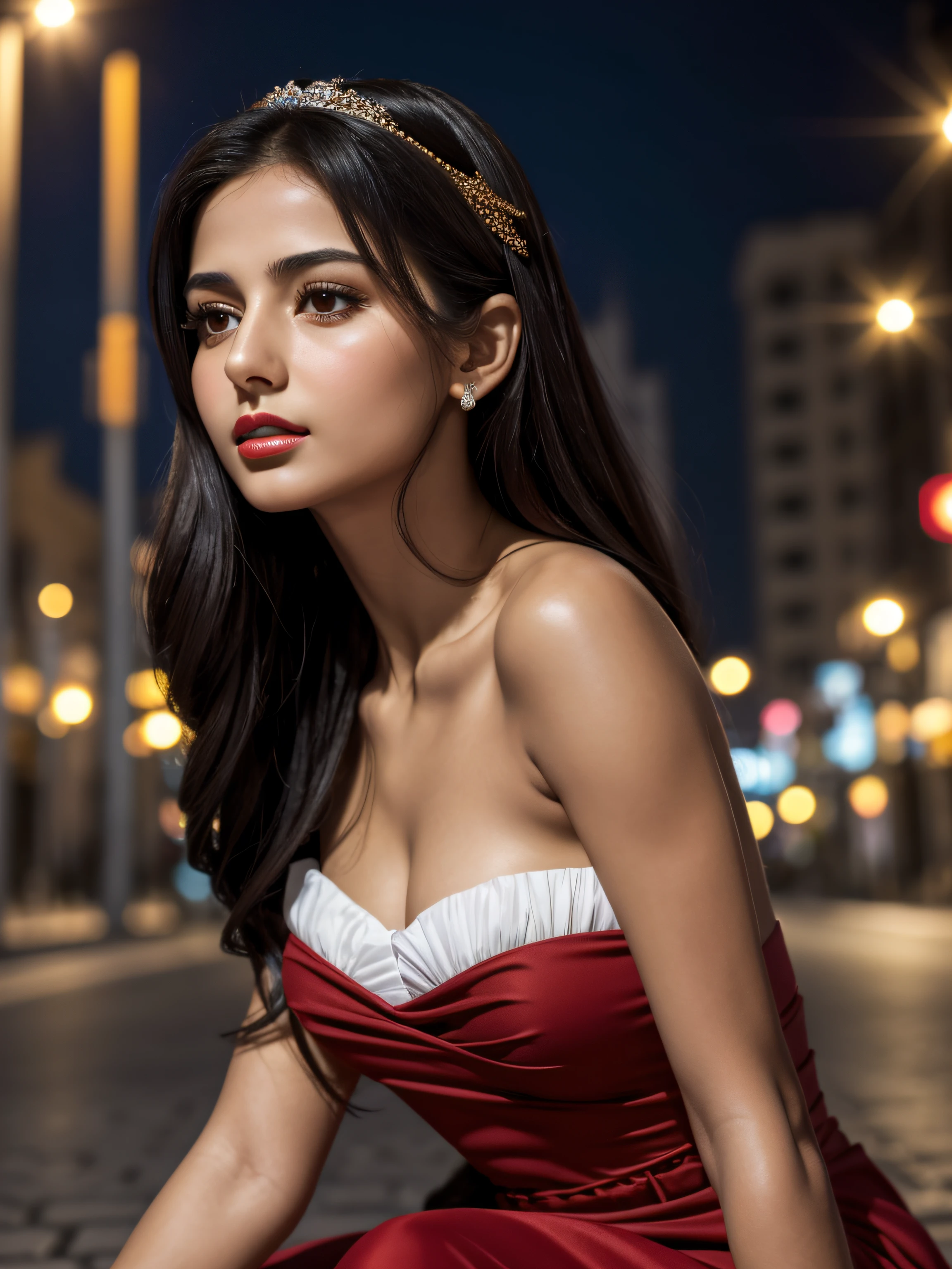 (Masterpiece), (Realistic), (best quality), (8K), ultra-detailed, UHD, young beautiful white arab woman, red lips, little delicate nose, petite, (small arched eyebrows), round face shape, most beauty young woman, extremely beautiful, very cute, dark brown eyes, black hair, 165 tall, wearing a beautiful strapless red dress, (kneel),(destroyed city), vulnerable and serious expression