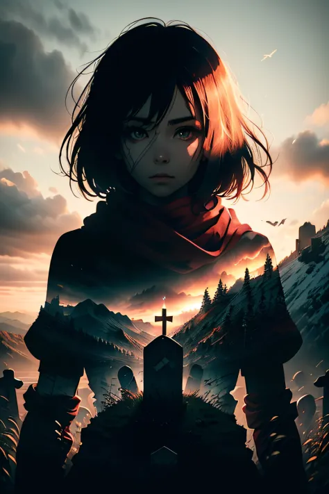 double exposure style, Mikasa's upper body wrapped in a red scarf, (A very simple and small gravestone on the hill:1.2), (best c...