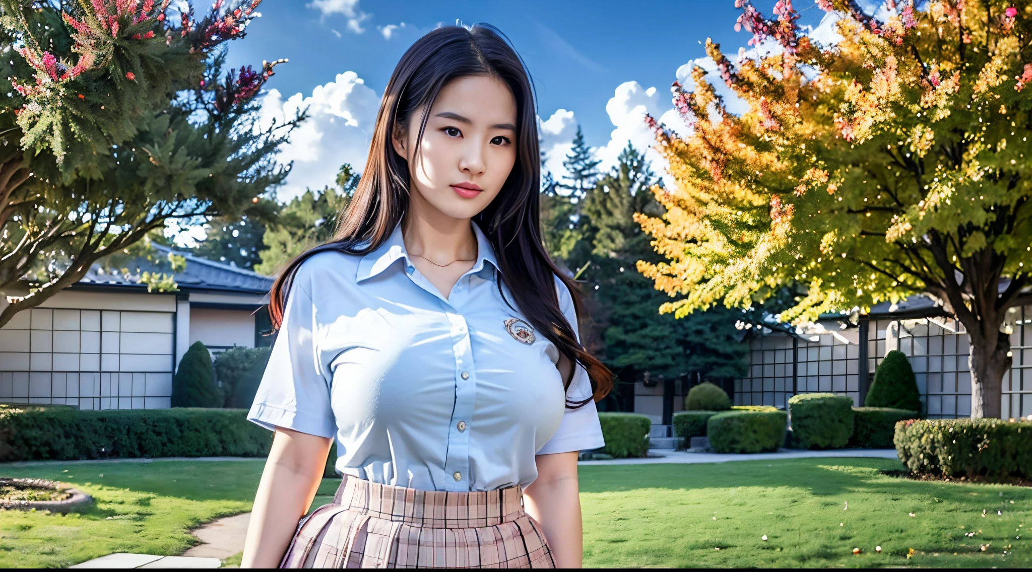 A sexy 20 year old Japanese girl with big breasts in school uniform,  look, HD render, realistic creation --auto --s2