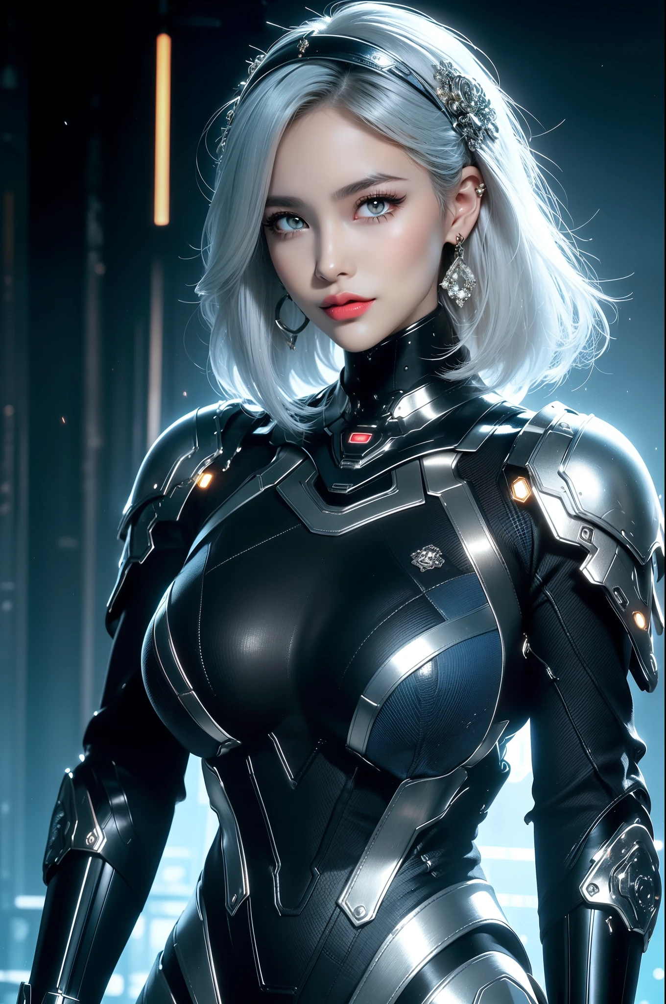 (masterpiece), best quality, expressive eyes, perfect face, beautiful details face, beautiful round eyes, upper body, A beautiful mature woman in cyber armour suit shows her Extremely busty and attractive breasts, (light smile), (platinum blue hair), glowing hair, multicolored hair, (random hairstyles, shiny hair, gradient hair, colored inner hair, (short straight hair),  medium short hair), (covered chest), fair skin, (beautiful detailed full bodysuit:1.3), full body cyber armour, glowing and shining armor, silver and blue cyber armour,(Edge lights:1.3), (silver and blue colour scheme:1.3), neon light on Armor, beautiful details eyes, (midnight blue eyes:1.2), (glowing eyes:1.2), hair ornament, (Gigantic saggy breasts:1.3), thick body, (well accentuated curves), pink lips, (silver nails), mascara, Long eyelashes, eyeliner, (Extremely wide well defined hips:1.3), (beautiful massive thick muscular thighs:1.3), has a tall slender figure, (Extremely detailed skin texture:1.1), beautiful detailed realistic muscle definition, golden fireflies that shimmer, high detailed eyes, ultra-high quality model, proportionate, intense colouration fantasy, (background Spiral galaxy), beautiful background, gold and silver tetradic colours, earrings, detached sleeves, jewelry, earring, (), (1girl), solo,