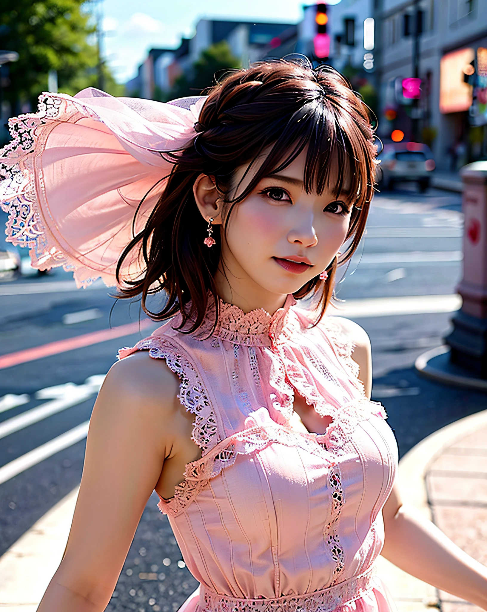 a woman posing on the street corner with pink dress on, best quality, high res, 8k, 1girl, (huge breasts), day, bright, outdoor, (street:0.8), (people, crowds:1), (lace-trimmed dress:1.5, pink clothes:1.5, pink high-neck dress:1.5, sleeveless dress, pink dress: 1.5), gorgeous, (medium hair), beautiful detailed sky, beautiful earrings, (dynamic pose:0.8), (upper body:1.2), soft lighting, wind, shiny skin, looking at viewer,