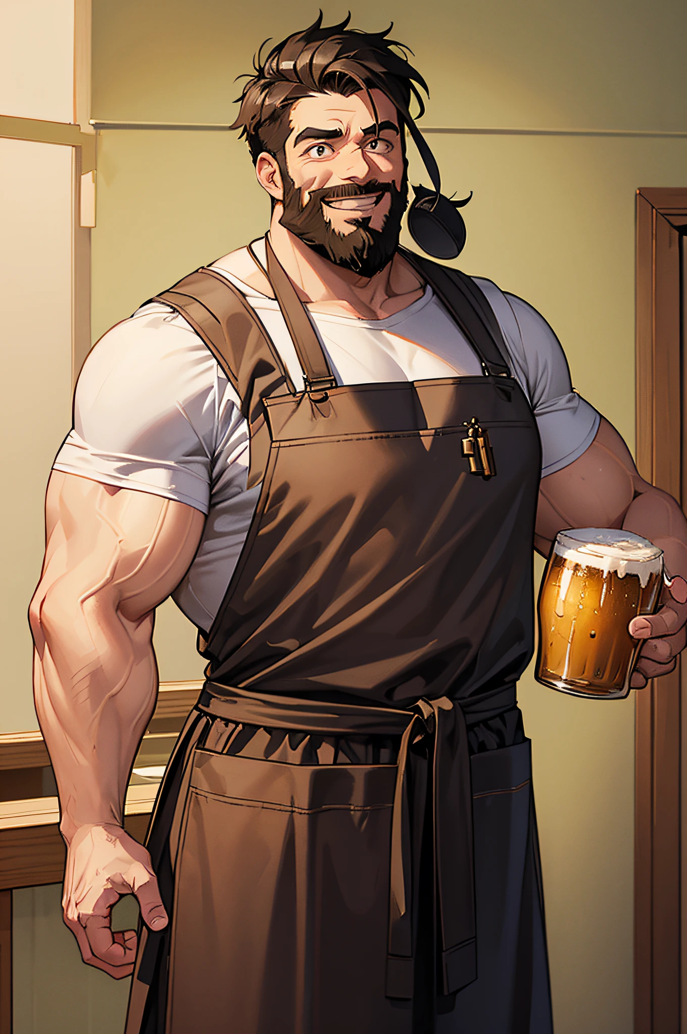 面带微笑的大胡子男人，大肌索，胸前围着围裙，手上擦拭木制啤酒杯，腰间挂着钥匙链，风格 动漫风格，卡通，温暖的。