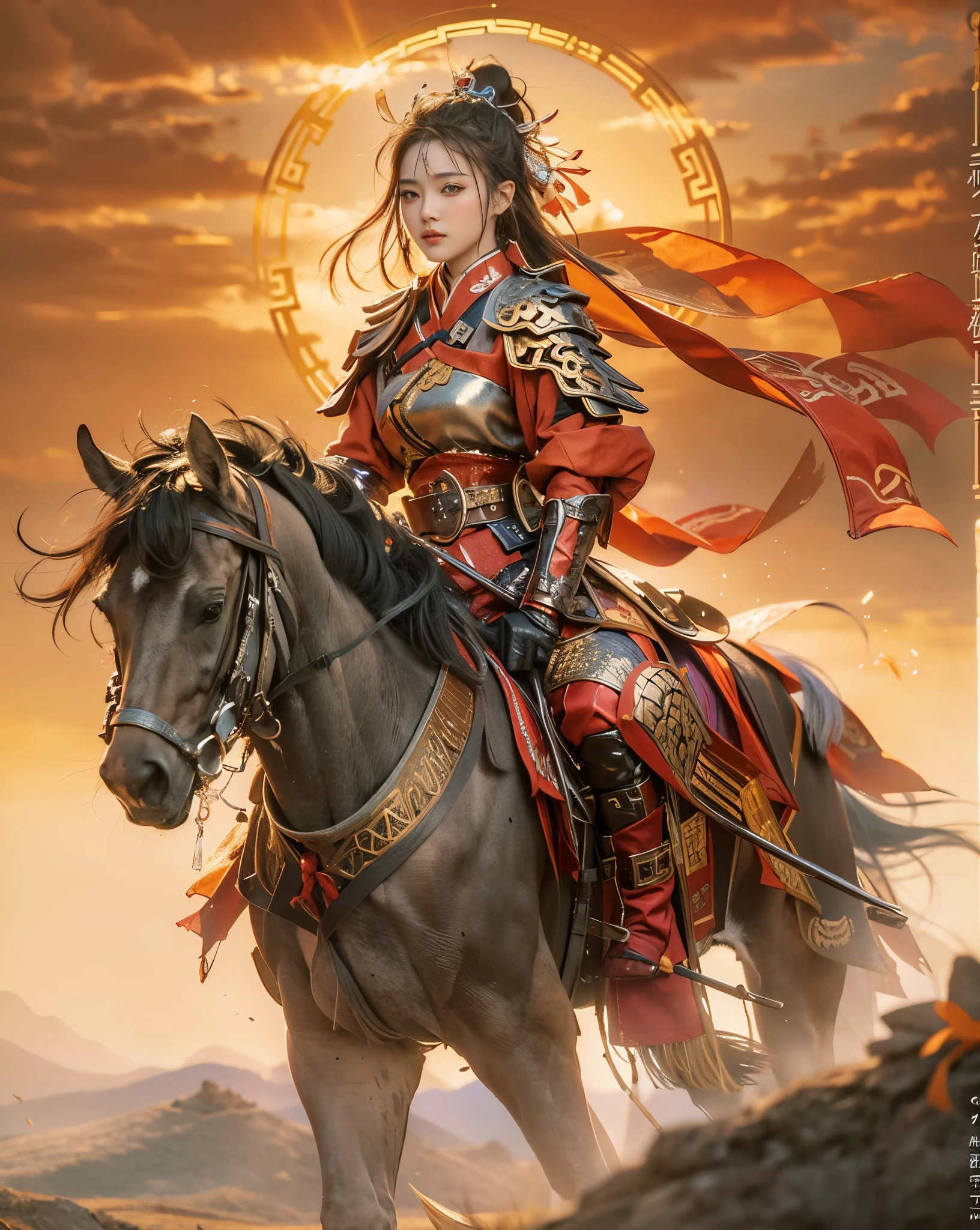 (((mejor calidad))),(((Ultra detallado))),(((Obra maestra))),ilustración,setting sun,antigua mujer soldado china con armadura,sosteniendo una lanza,Cabalgando a caballo,mirando de reojo a las montañas lejanas,Espiritu de guerrero,expresión fuerte y decidida,tonos brillantes del atardecer,atmósfera majestuosa y cinematográfica