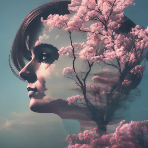 (Double exposure effect:1.3) of (female portrait :1.2) (silhouette:1.1) superimposed against cherry trees, soft colors, negative...