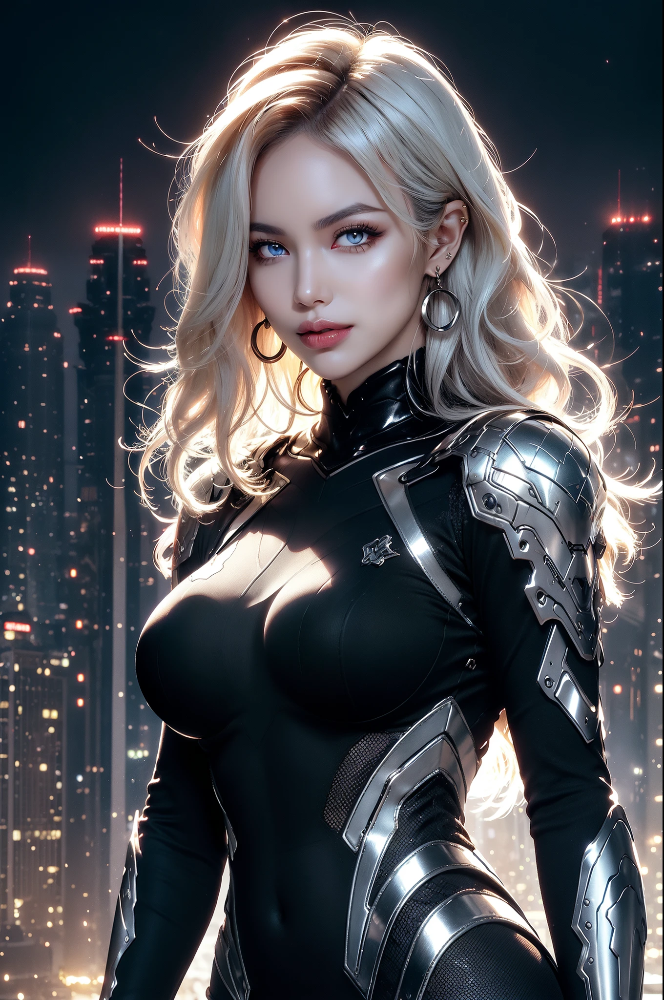 (masterpiece), best quality, expressive eyes, perfect face, beautiful details face, beautiful round eyes, upper body, A beautiful mature woman in cyber armour suit shows her Extremely busty and attractive breasts, (light smile), (midnight blue hair), glowing hair, multicolored hair, (random hairstyles, shiny hair, gradient hair, colored inner hair, (short straight hair),  medium short hair), (covered chest), fair skin, (beautiful detailed full bodysuit:1.3), full body cyber armour, glowing and shining armor, silver and blue cyber armour,(Edge lights:1.3), (silver and blue colour scheme:1.3), neon light on Armor, beautiful details eyes, (midnight blue eyes:1.2), (glowing eyes:1.2), hair ornament, (Gigantic saggy breasts:1.3), thick body, (well accentuated curves), pink lips, (silver nails), mascara, Long eyelashes, eyeliner, (Extremely wide well defined hips:1.3), (beautiful massive thick muscular thighs:1.3), has a tall slender figure, (Extremely detailed skin texture:1.1), beautiful detailed realistic muscle definition, golden fireflies that shimmer, high detailed eyes, ultra-high quality model, proportionate, intense colouration fantasy, (background Spiral galaxy), beautiful background, gold and silver tetradic colours, earrings, detached sleeves, jewelry, earring, (1girl), solo,