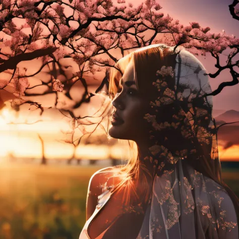 (Double exposure effect:1.3) of (female portrait :1.2) (silhouette:1.1) beautiful bust bimbo, foliage, gigantic breast, cleavage...