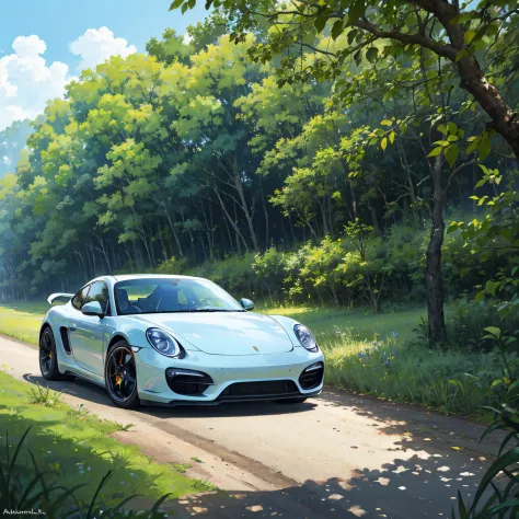 Porsche car, parked in jungle, no human in background, trees in background, dirt on land, grass on land, no road, afternoon, blu...