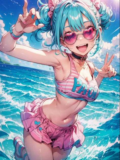 american pop theme ,Vibrant colors,1 cute lovely girl,Cute smile,Peace,(short drill twin tails:1.2),(aqua hair,Pink eyes:1.2),(R...