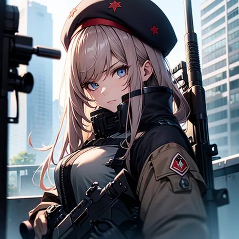 a beauty girl　black beret　hold a sniper rifle　while looking through the scope　serious facial expression