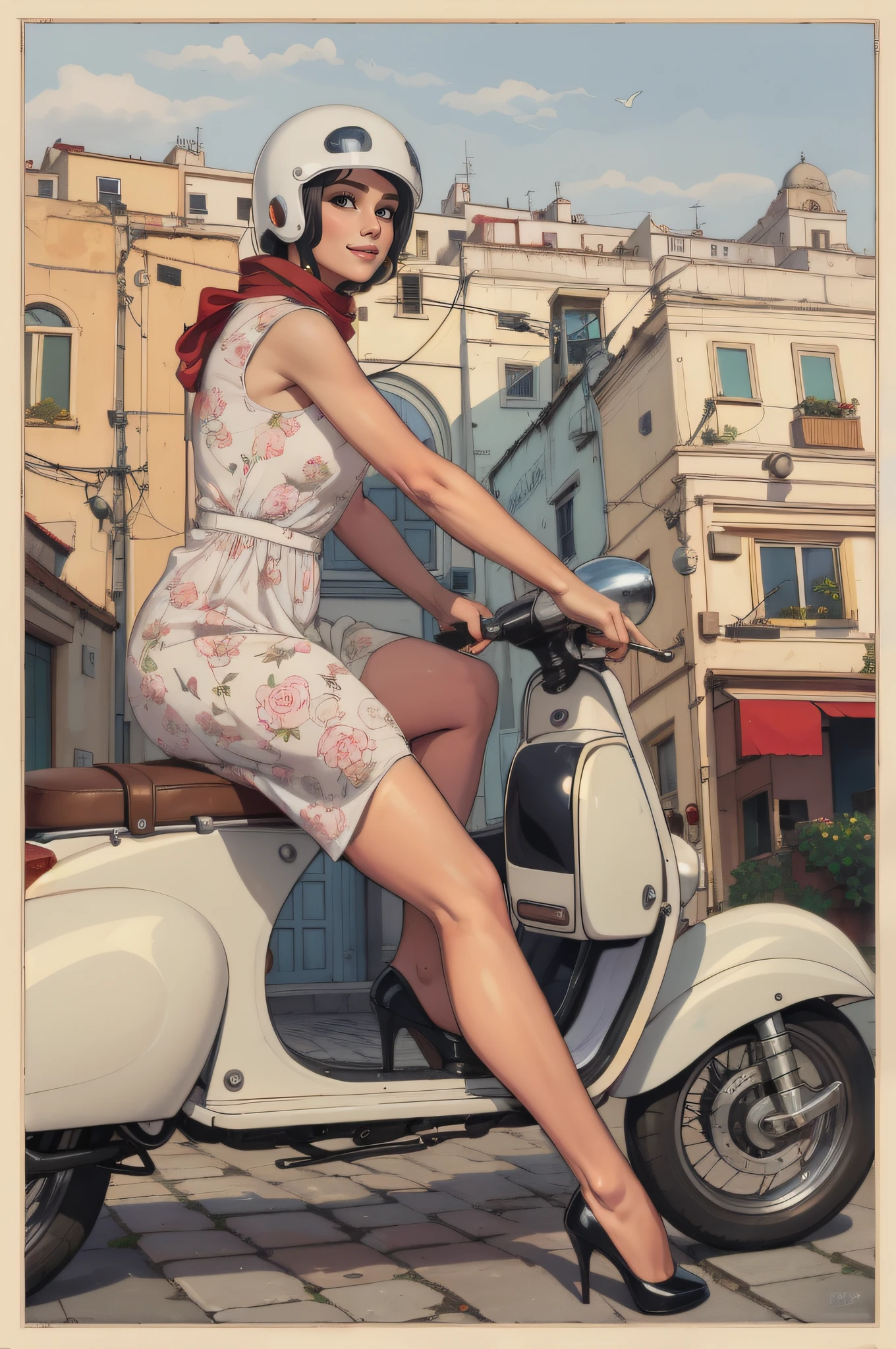 una mujer vestida con un vestido y un casco conduciendo un scooter, fijar art, fijar poster girl, inspirado en Vincent Lefevre, obra de arte al estilo de guweiz, por John La Gatta, adi granov, hermoso arte retro, Martín entonces, girl fijar, fijar, sixties fijar, fijar, fijar, fijar