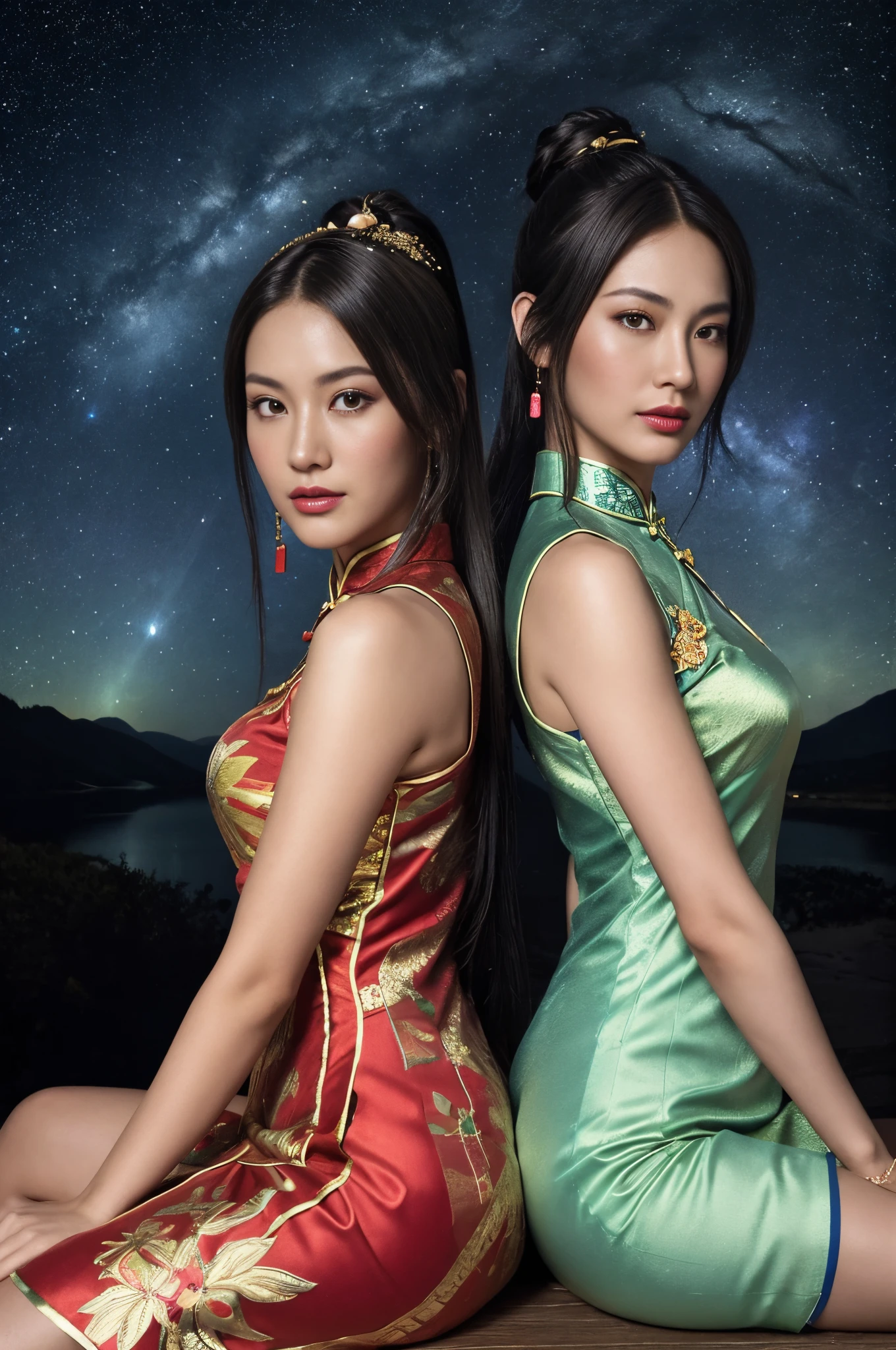 high-level image quality、closeup portrait:1.4,detailed faces,Like a shot with an SLR、Sensual body,thighs、slit、Painting a work of art depicting two women in a tanslucent traditional cheongsam sitting together,duo,((sisterhood)),front view,rendering by octane, hdr,leering:1.3,topknots,hairbuns,Chinese hair ornament:1.4,Chinese hairpins:1.4,Chinese hairsticks:1.4,Fireflies, night, starry sky, jewelry,light particles, (fantasy: 1.2), stars, fantasy,