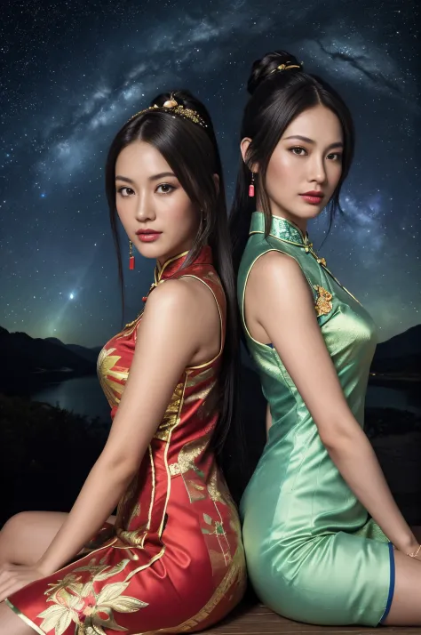 high-level image quality、closeup portrait:1.4,detailed faces,Like a shot with an SLR、Sensual body,thighs、slit、Painting a work of art depicting two women in a tanslucent traditional cheongsam sitting together,duo,((sisterhood)),front view,rendering by octan...