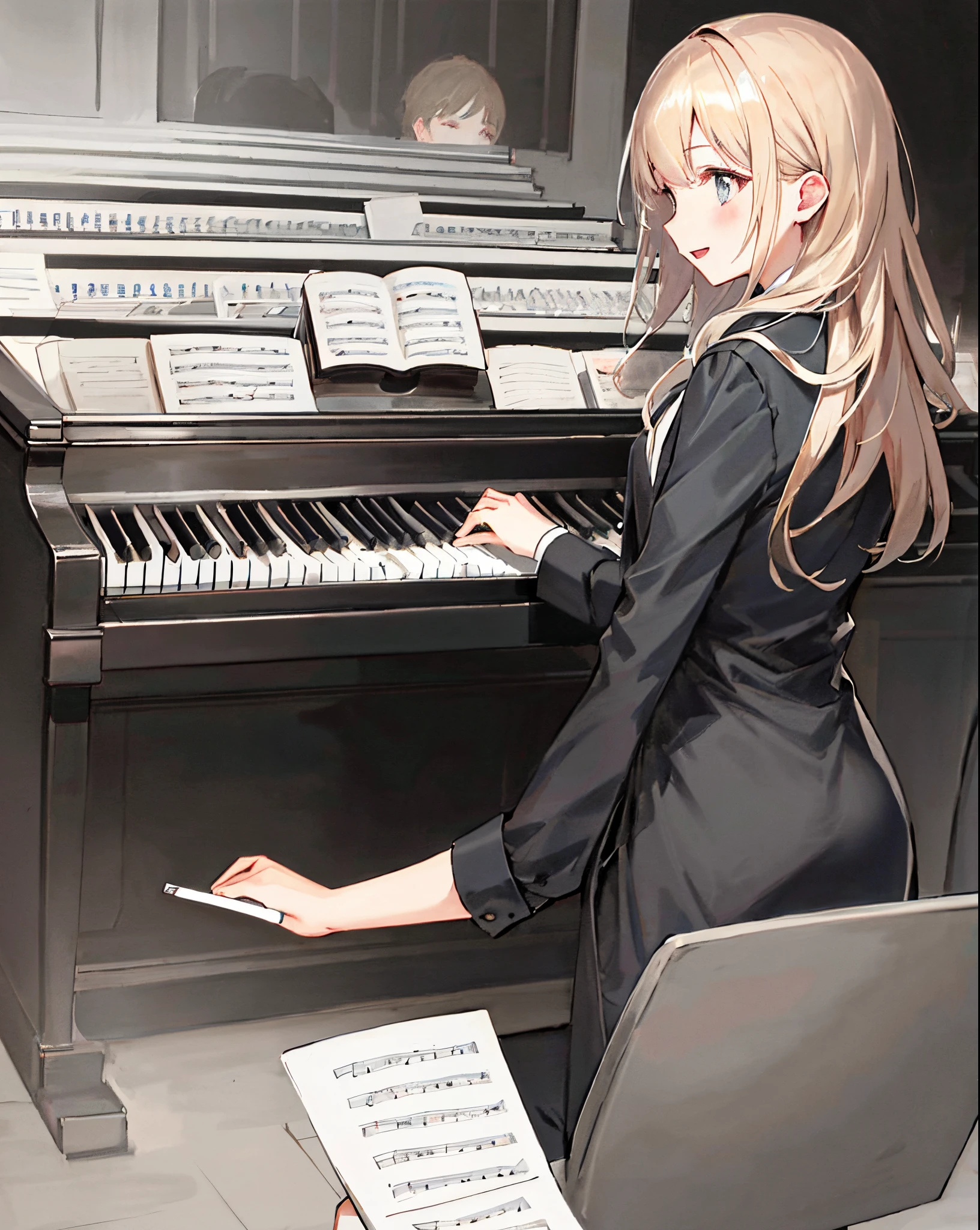 Anime girl playing piano with sheet music and sheet music - SeaArt AI