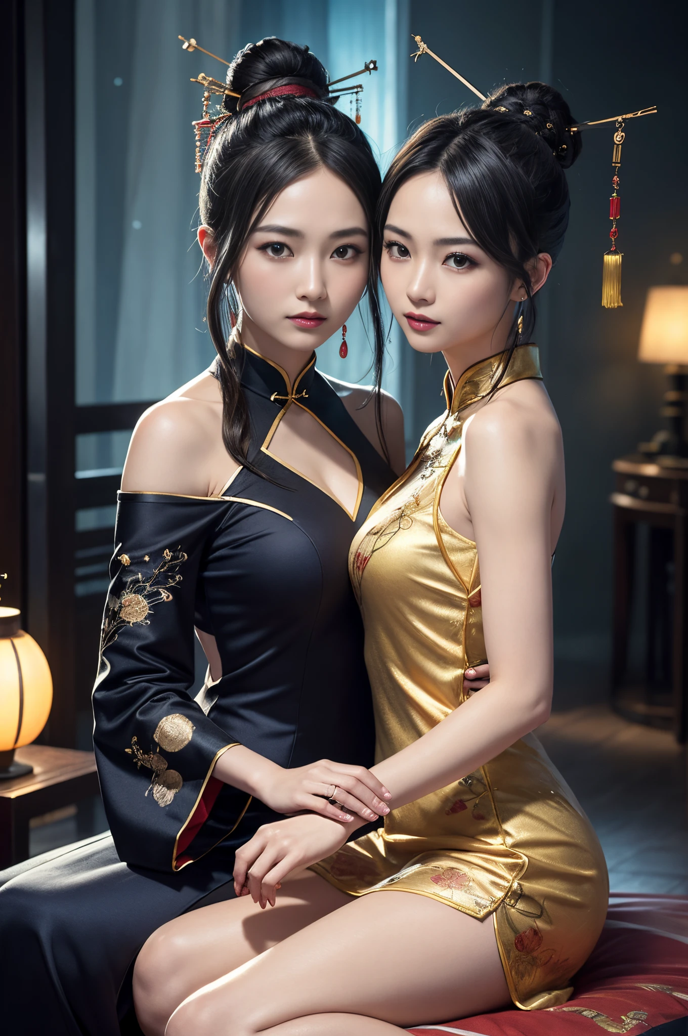 qualité d&#39;image de haut niveau、portrait en gros plan:1.4,Visages détaillés,Comme une photo avec un reflex、Corps Sensuel,Cuisses、fente、Peindre une œuvre d&#39;art représentant deux femmes dans un cheongsam traditionnel translucide assises ensemble,duo,((fraternité)),vue de face,rendu par octane, HDR,lorgnant:1.3,chignons,chignons,Ornement de cheveux chinois:1.4,Épingles à cheveux chinoises:1.4,Bâtons à cheveux chinois:1.4,lucioles, nuit, ciel étoilé, bijoux,particules légères, (fantaisie: 1.2), étoiles, fantaisie,