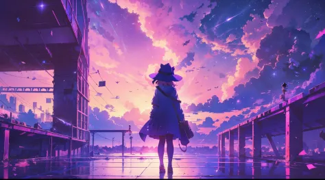 masterpiece, concept art, wide shot, a girl standing on top of a building under a sky full of stars, a matte painting, by Makoto...