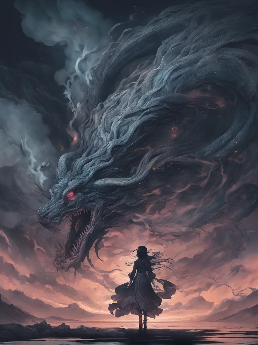 A woman standing in front of a giant dragon with a long tail - SeaArt AI