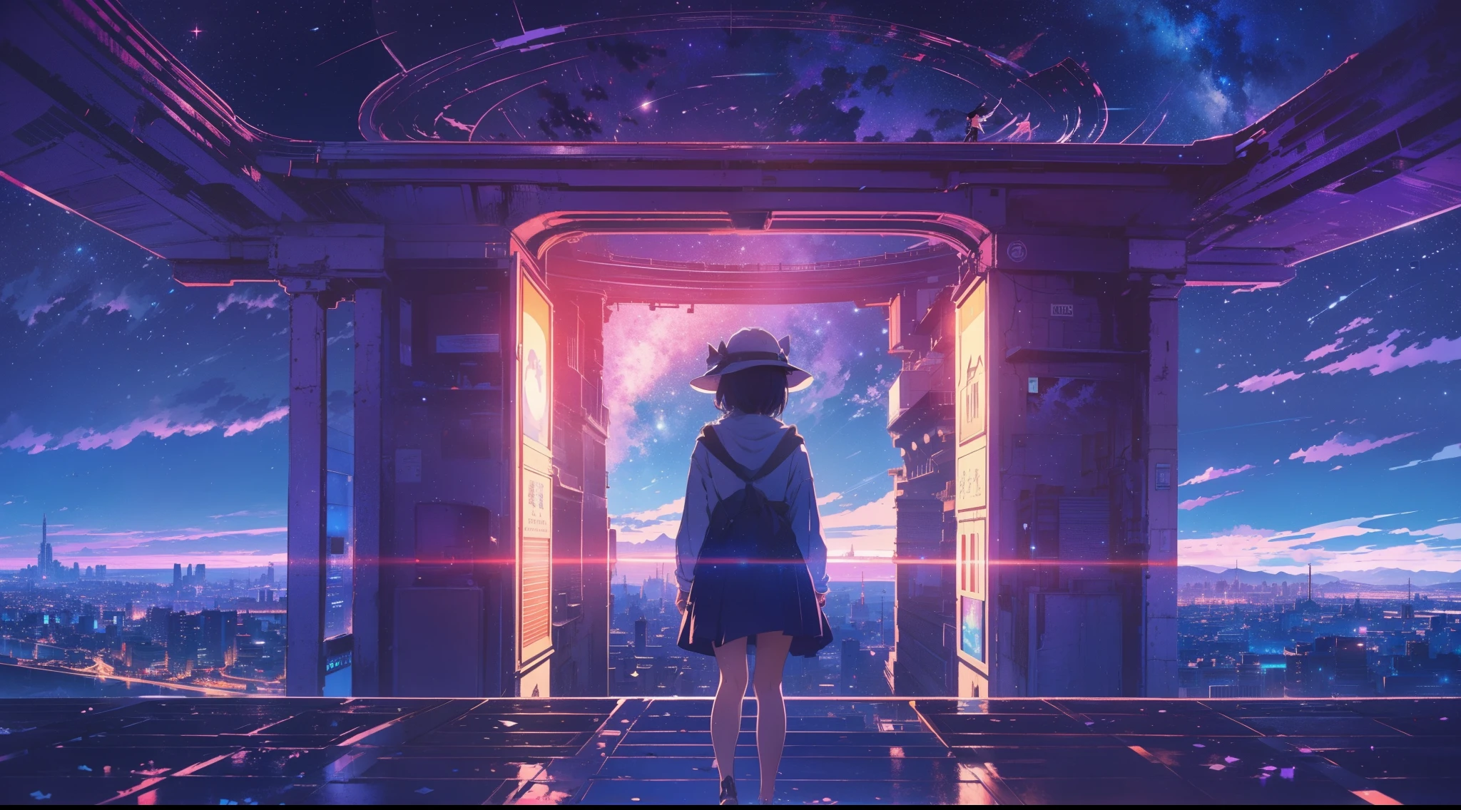 chef-d&#39;œuvre, art conceptuel, plan large, une fille debout au sommet d&#39;un immeuble sous un ciel plein d&#39;étoiles, une peinture mate, par Makoto Shinkai, présenté sur Pixiv, Vue panoramique centrée de la fille, Sous les nuages bleus, chillhop, des étoiles scintillantes éparpillées, chapeau de sorcière bleu, image promotionnelle du film, photographie de l&#39;heure bleue, ciel fractal, lumière dispersée vibrante, fille d&#39;information, encadrement symétrique, éclairage volumétrique, Couleurs vives, (composition épique, proportion épique), HD