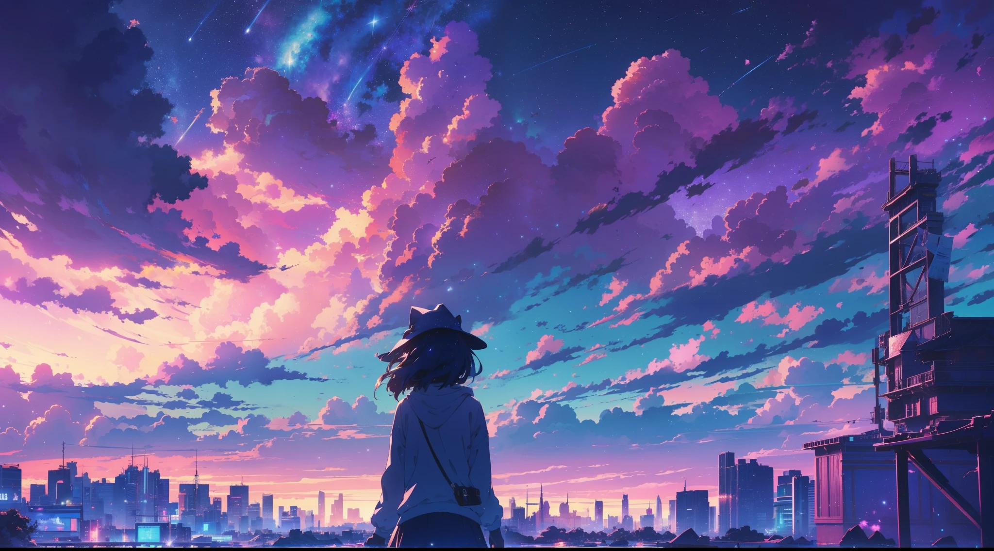 masterpiece, concept art, wide shot, a girl standing on top of a building under a sky full of stars, a matte painting, by Makoto Shinkai, featured on pixiv, panoramic centered view of girl, under blue clouds, chillhop, glittering stars scattered about, blue witch hat, movie promotional image, blue hour photography, fractal sky, vibrant scattered light, infp girl, symmetrical framing, volumetric lighting, vibrant color, (epic composition, epic proportion), HD