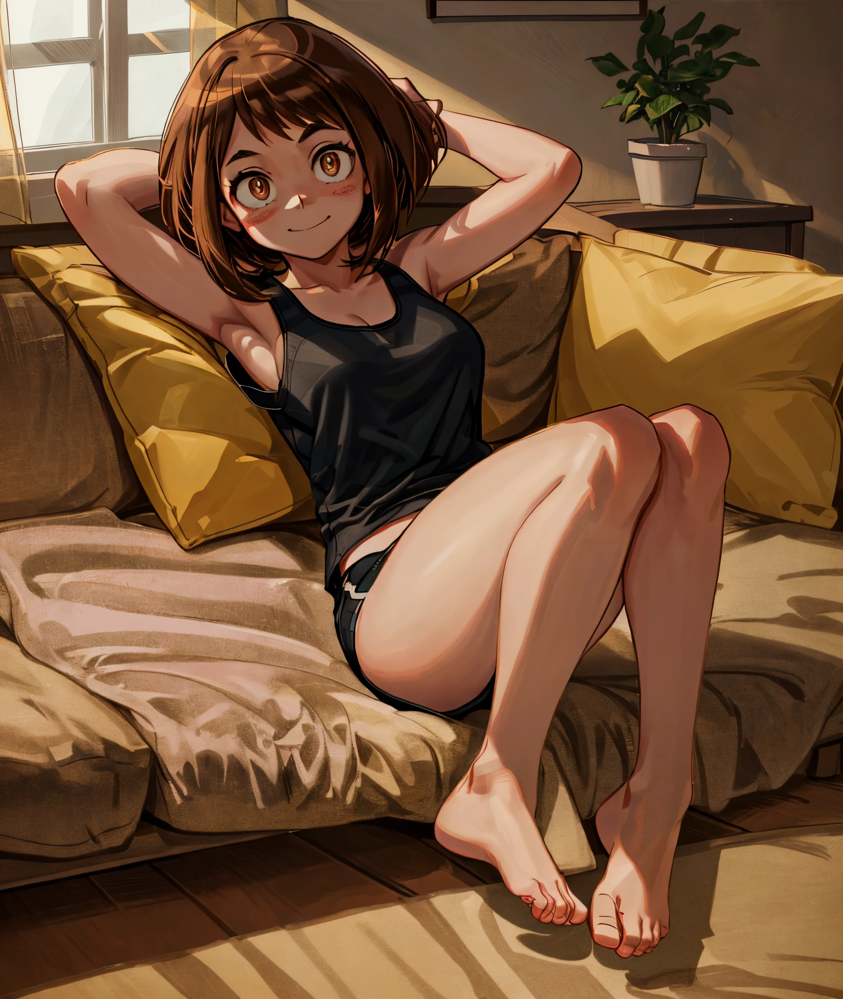 [ochako uraraka], [Boku no hero academia], ((masterpiece)), ((HD)), ((high quality)), ((solo portrait)), ((front view)), ((full body)), ((feet focus)), ((anime)), ((detailed shading)), ((soft shading)), ((intricate details)), {ochako, (rosy cheeks), (big round brown eyes), (small pupils), short brown hair, short eyelashes, large , (camel toe), (gorgeous hips), (beautiful legs), (beautiful feet), (cute smirk)}, {(black tank top), (yellow panties)}, {(on couch), (laying on side), (head on pillow), (hands behind head), (looking at viewer)}, [Background; (living room), (sun rays)]