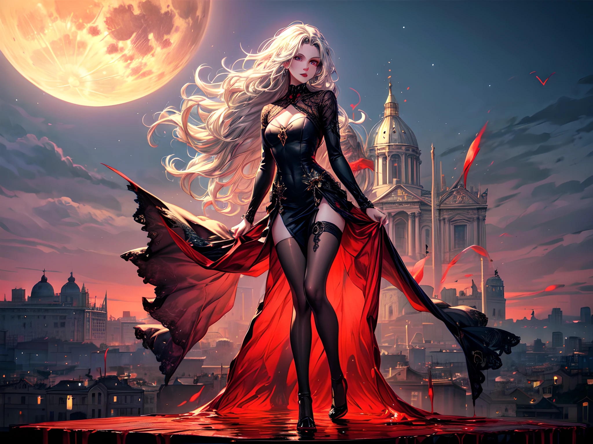 art fantastique, Art du RPG, Photographier, brut, (ultra détaillé: 1.5), le mieux détaillé, picture of a female vampire debout à St. Pierre au Vatican, une belle femme vampire exquise, Tout le corps, (meilleur visage détaillé: 1.2), (peau grise: 1.2), lèvres rouges, (crocs vampiriques1:1) (veines de sang visibles: 1.3), ultra féminine, cheveux blonds, cheveux longs, Riche, cheveux flottants,cheveux ondulés, yeux rouges brillants, porter une robe courte, robe en soie, robe détaillée complexe, talons hauts, debout à St. Place Pierre dans la Cité du Vatican, la nuit, pleine lune, Les étoiles dans le ciel, St. Fond de la place Pierre, meilleure qualité, (extrêmement détaillé), plan ultra large, photoréalisme, profondeur de champ, hyper réaliste, 2.5 rendu,