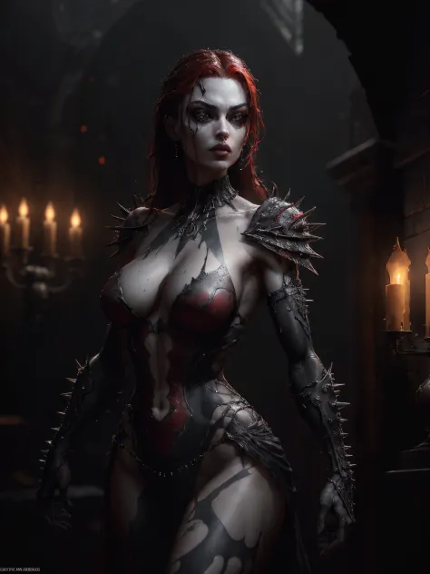 Beautiful Alluring Crimson Knight Sophie Turner, Bare Skin Athletic Well Toned Body, Elegant Form, Bare Skin, Inside A gothic Palace, Barely Clothed, cleavage, metal bikini gothic armor, metal Spikes, Beautiful Face, Ominous Gothic Theme, Fiverr Dnd Charac...