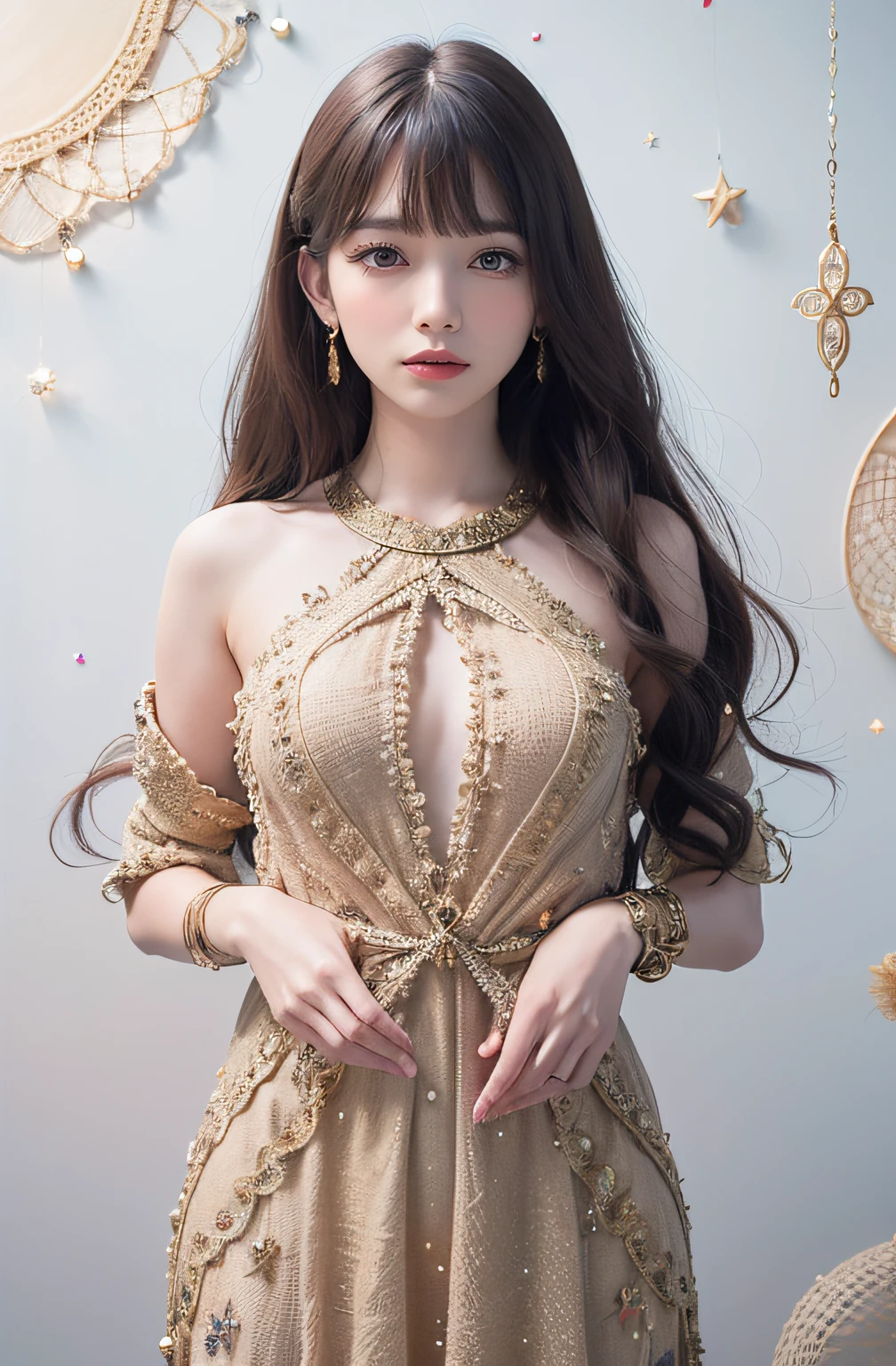 1 สาว วี(ความละเอียดสูง:1.5), 4เค, (wearing gold dress zenยุ่งเหยิง pattern , มันดาลา, ยุ่งเหยิง, enยุ่งเหยิง), (ผมยาว), เรียบ,