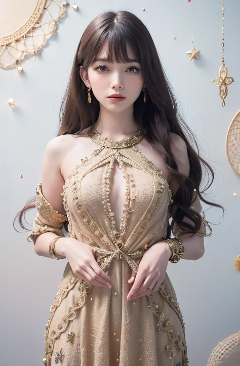1 girl wea(high resolution:1.5), 4k, (wearing gold dress zentangle pattern , mandala, tangle, entangle), (long hair), bangs,