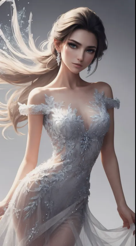 In a cinematic style, envision Disney's Frozen Elsa as a beautiful model donned in a modern, medium sheer, and medium short dres...