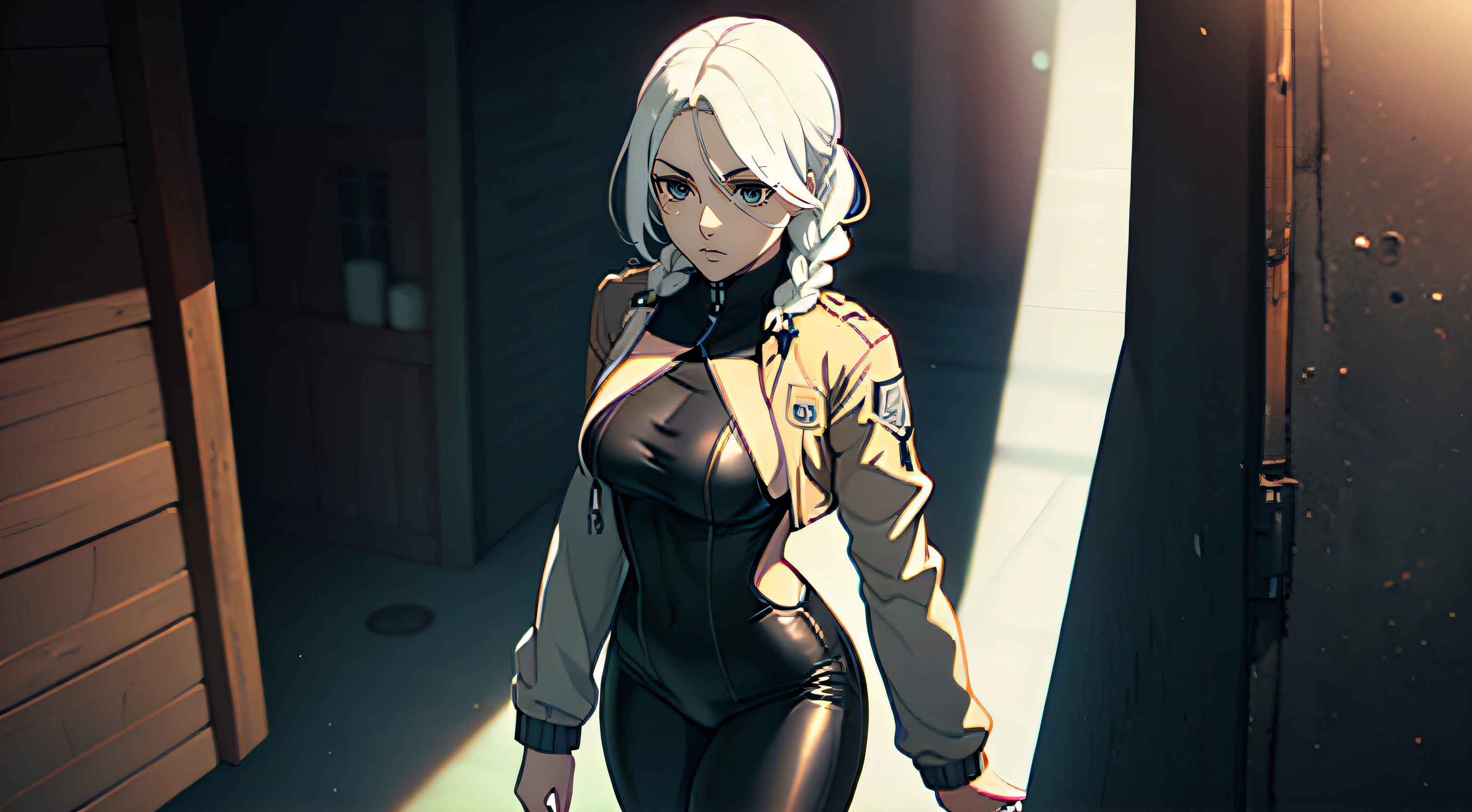 photo portrait, Beautiful figure, Lucy from the anime series Cyberpunk Edge Runner, Erotica, Nudie, half naked, a 1girl, facing the viewer, Beautiful figure (Proper Anatopy 1.1.), in full height (Body Full 1.1), Slim, Slender figure, Slender figure, shapely legs, leather pants, Anime style, white colored hair, white colored hair, that disappear at the ends, Bob hairstyle, short white jacket, tight black suit, Cutouts on the shoulders, Cutouts on the chest, Skinny black leather pants, Very detailed face, Very beautiful face, Very sexy ass, in full height (Body Full 1.1), Tall android girl, small elastic breasts, Little ass, Hair is gathered in a braid, Beautiful slim figure, small buttocks, A braid around the head, Round braid, Red Star in the Forehead, Short Brown Jacket, black tight suit, darkly，gris & Dark Style：1.1), Light, femininity，tmasterpiece，beste-Qualit，higly detailed，Visible to the feet， 8K resolution， High Sharp， 8K resolution， higly detailed， 8K UHD， Professional lighting， Photon mapping，physical based rendering， a perfect face， detailed face and body， ray traced， expressive look， Cinmatic Lighting，elastic small breasts, Heightened sexuality，