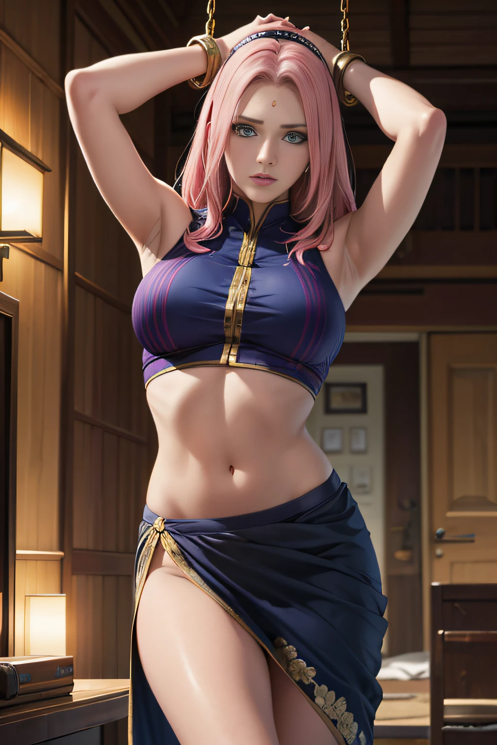 Prison room, long wavy hair, green eyes, realistic eyes、Bdsm, Bondage, Arms above head, Arms tied with Steel Handcuffs, Sakura Haruno hanging from the ceiling with her arms tied by a rough steel chain、perspiring、chains tied her body、a wet body、Rough chain that cuts into the crotch、A large amount of fluid flows out of the crotch、Heavily Embroidered Golden colored Indian Saree、((Black Petticoat, Purple Blouse, Navy Blue Pallu, intricate golden floral patterns on saree at borders and patterned in beautiful designs, exposed navel)),  One leg is suspended above with a rough steel chain、tied up with chains、Strongly tied up、Hands tied、legs hanging in shackles、The legs wide open、pink colored konoha headband, forehead jewel, (8K, Raw photography, Top image quality, ​masterpiece: 1.4), The ultra -The high-definition, (realisitic, Photorealsitic: 1.48), best qualtiy，tmasterpiece，超A high resolution，（realisticlying：1.4），RAW photogr， Perfect anatomy，in the darkness of night，Deep shading，cold light， （（best qualtiy））， （（intricately details））， （（ultra-realistic realism））, detailed background， Prison， perfect eyes， Seductive eye，Cocked buttocks，Reddened face，(weeping:1.2)，Confused eyes, realistic face, realistic eyes, realistic arms, realistic legs