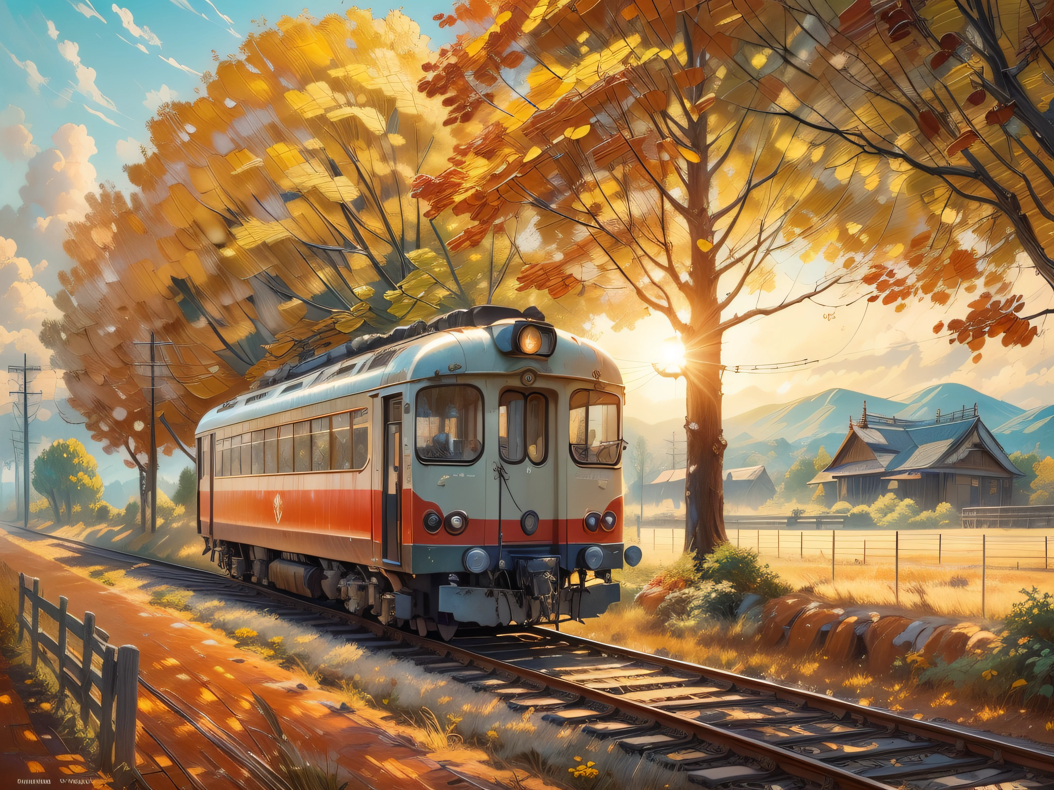 (((masterpiece))), high quality, extremely detailed, Japanese Old Single Carriage Train, Rural Station, sunlight, morning, sunrise, autumn landscape, super fine illustration, (((oil painting))), real photo, line art, approaching perfection, insanely detailed, concept art, epic, cinematic,