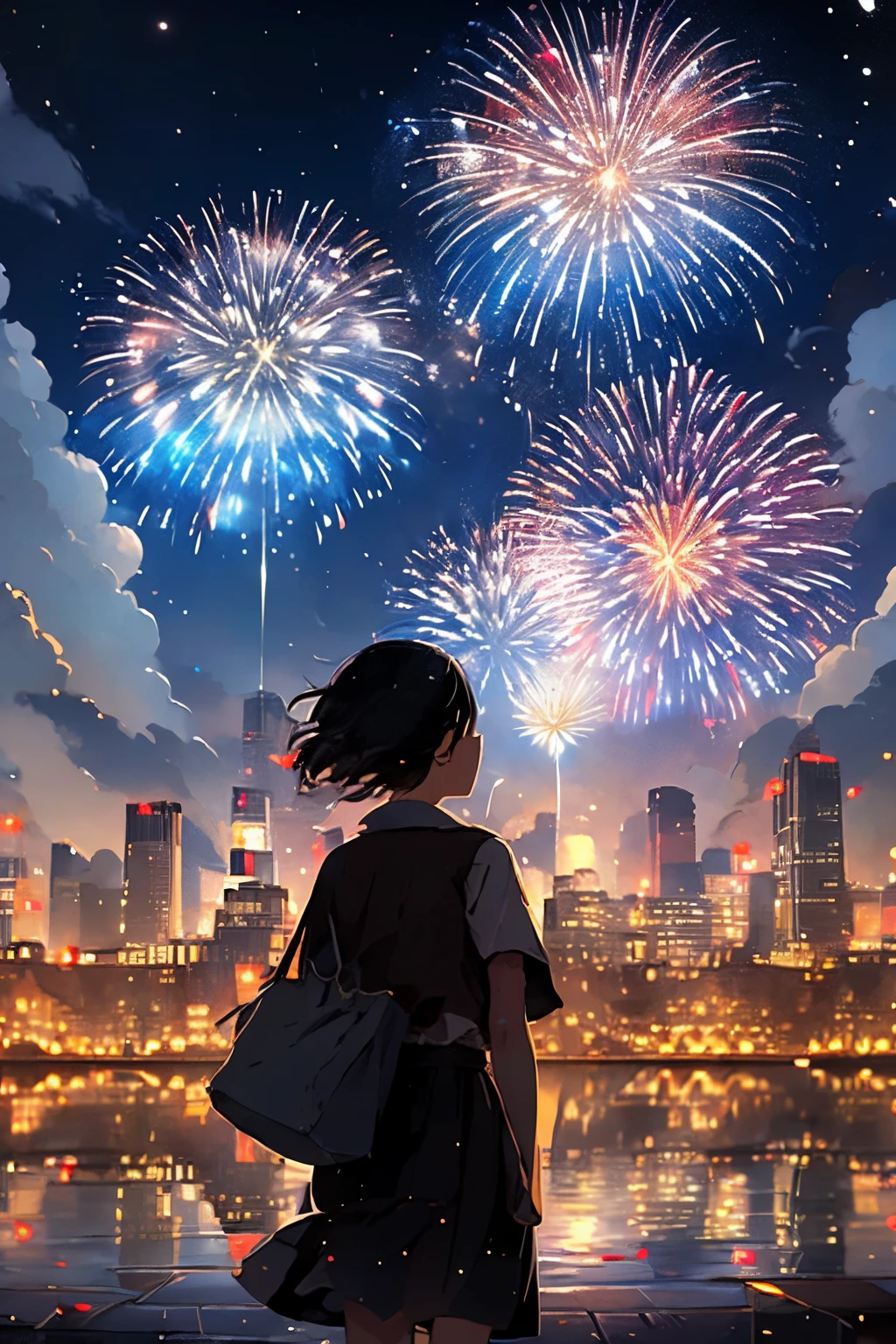 1girl, fireworks, scenery, sky, solo, night, outdoors, city lights, city, cloud, cityscape, bag, facing away, building, holding, skirt, night sky, standing, short hair, from behind, aerial fireworks, black hair, skyline, , reflection, cloudy sky (illustration:1.0), masterpiece, best quality,