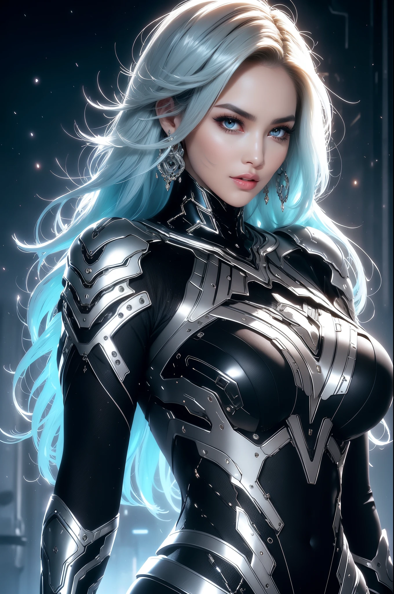 (masterpiece), best quality, expressive eyes, perfect face, beautiful details face, beautiful round eyes, upper body, A beautiful mature woman in cyber armour suit shows her Extremely busty and attractive breasts, (light smile), (platinum blue hair), glowing hair, multicolored hair, (random hairstyles, shiny hair, gradient hair, colored inner hair, (short straight hair),  medium short hair), (covered chest), fair skin, (beautiful detailed full bodysuit:1.3), full body cyber armour, glowing and shining armor, silver and blue cyber armour,(Edge lights:1.3), (silver and blue colour scheme:1.3), neon light on Armor, beautiful details eyes, (midnight blue eyes:1.2), (glowing eyes:1.2), hair ornament, (Gigantic saggy breasts:1.6), thick body, (well accentuated curves), pink lips, (silver nails), mascara, Long eyelashes, eyeliner, (Extremely wide well defined hips:1.3), (beautiful massive thick muscular thighs:1.3), has a tall slender figure, (Extremely detailed skin texture:1.1), beautiful detailed realistic muscle definition, golden fireflies that shimmer, high detailed eyes, ultra-high quality model, proportionate, intense colouration fantasy, (background Spiral galaxy), beautiful background, gold and silver tetradic colours, earrings, detached sleeves, jewelry, earring, (), (1girl), solo,