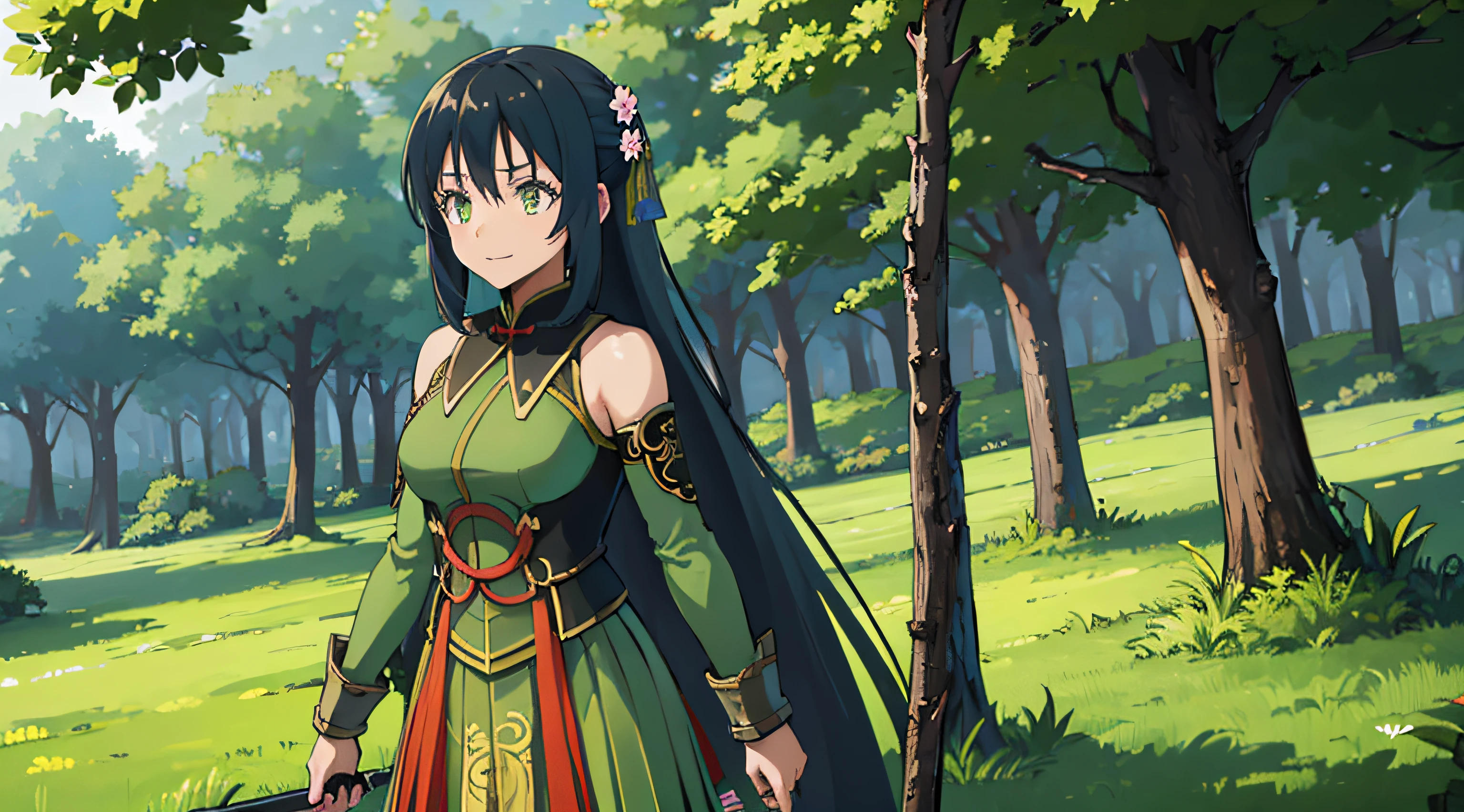 Anime girl in a green dress standing in a forest - SeaArt AI