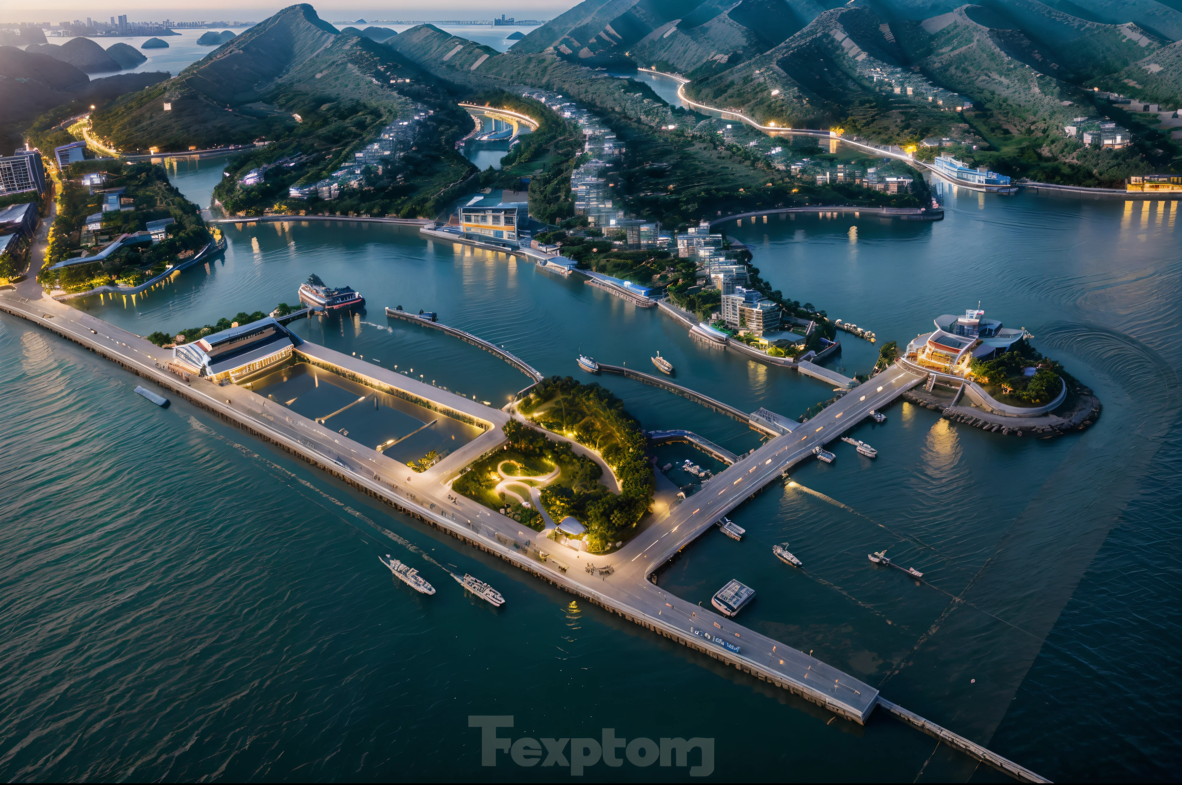 Aerial view of a small island with a marina and a boat dock - SeaArt AI