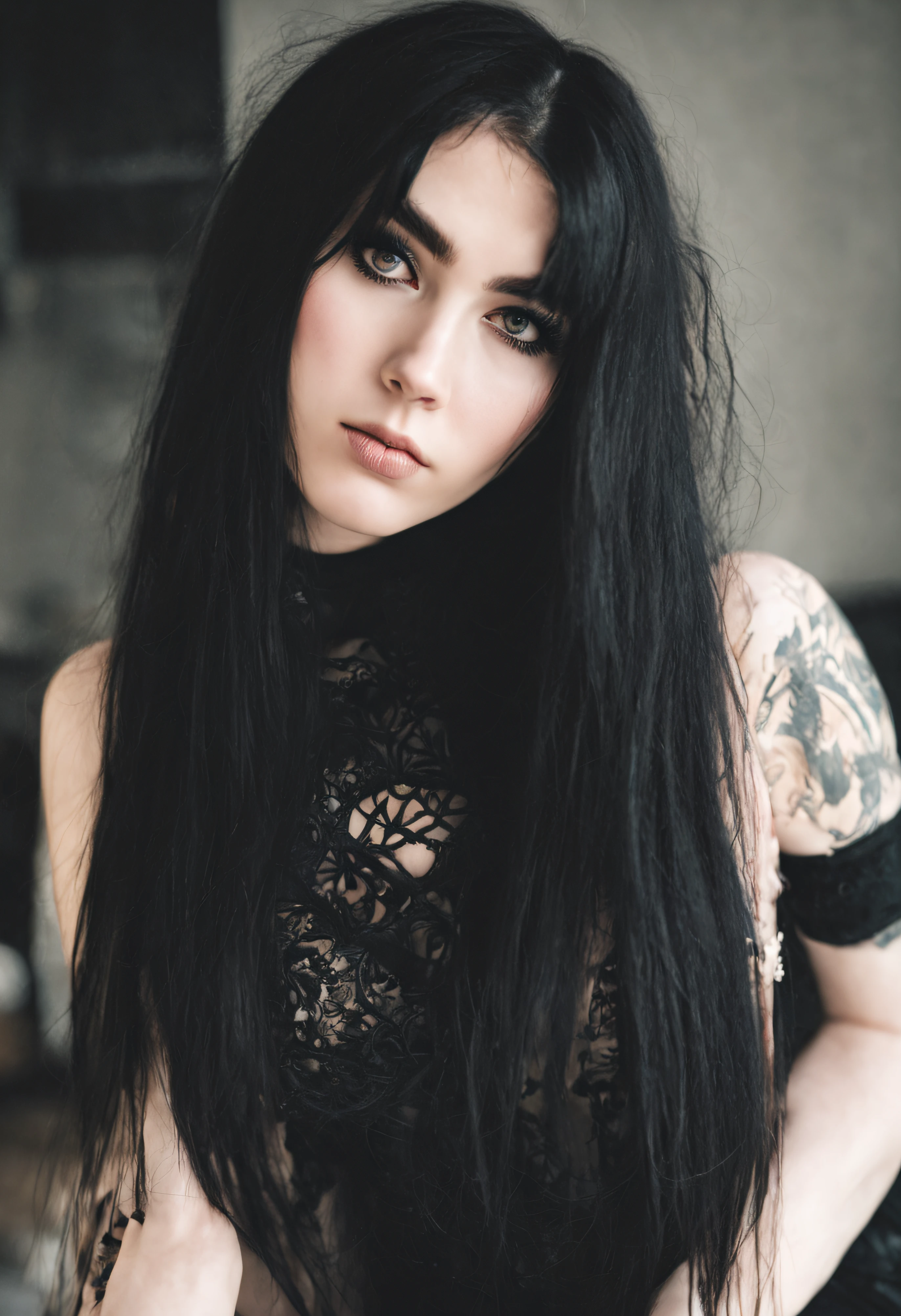 A close up of a woman with long black hair and tattoos - SeaArt AI