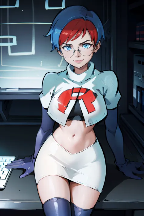 Penny,glasses,team rocket,team rocket uniform,red letter R,white skirt,white crop top,black thigh-high boots,black elbow gloves,evil smile,sitting in front of a computer,hacking,(best quality:1.2),ultra-detailed,realistic:1.37,portrait,vivid colors,warm to...